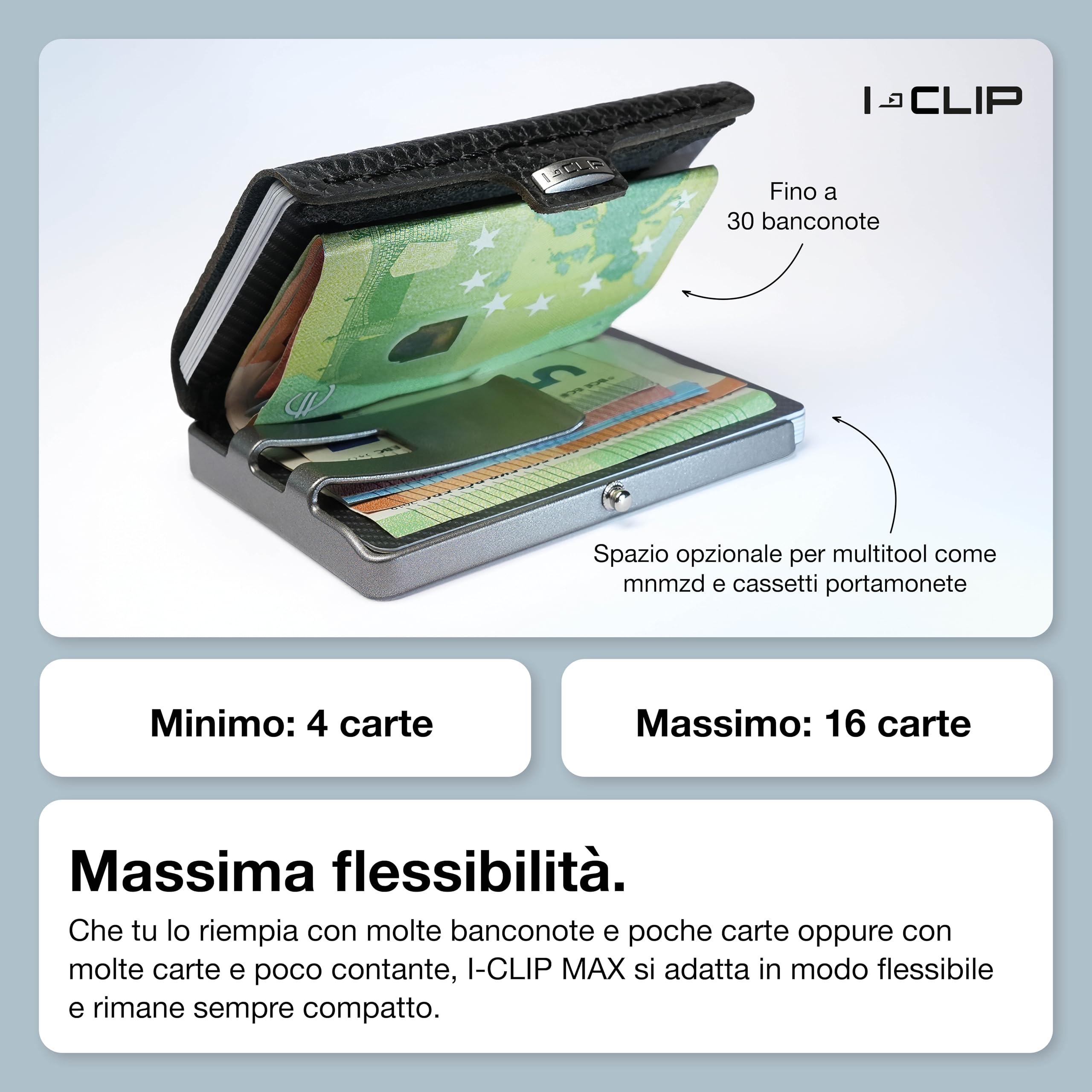 I-CLIP MAX Original Portafoglio Uomo Slim Banconote, Mini Wallet fino a 16 Carte e 30 Banconote, Portafoglio leggero e versatile, Pelle Martellata Nero, Telaio Argento