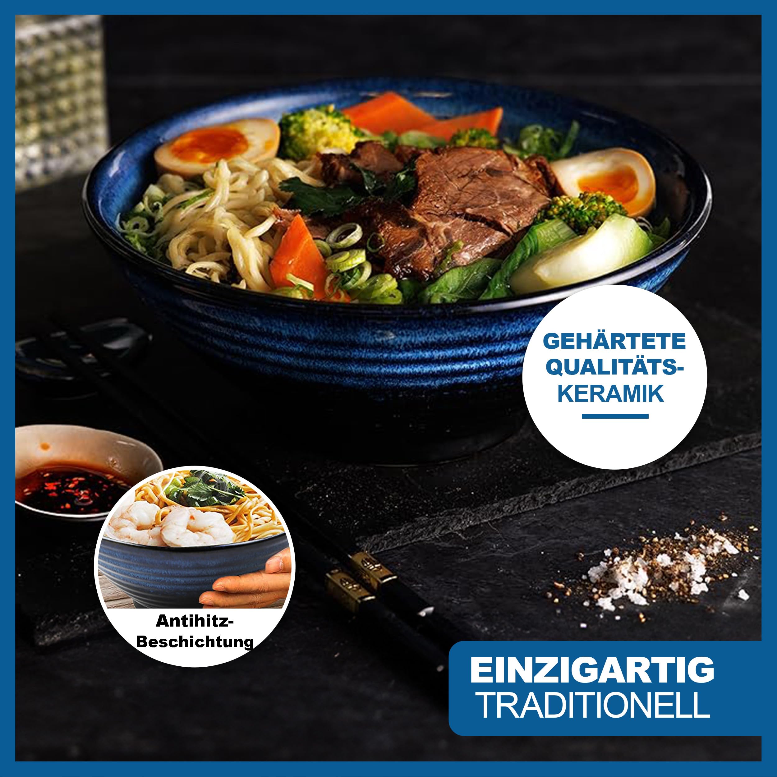 Premium Ramen Schüssel 8-teiliges Set im JAPANISCHEN DESIGN - Keramik Ramen & Suppen Bowl inkl. Essstäbchen & Löffel - Geschirr & Schale asiatisch für Pho-Suppe, Müsli & Salat