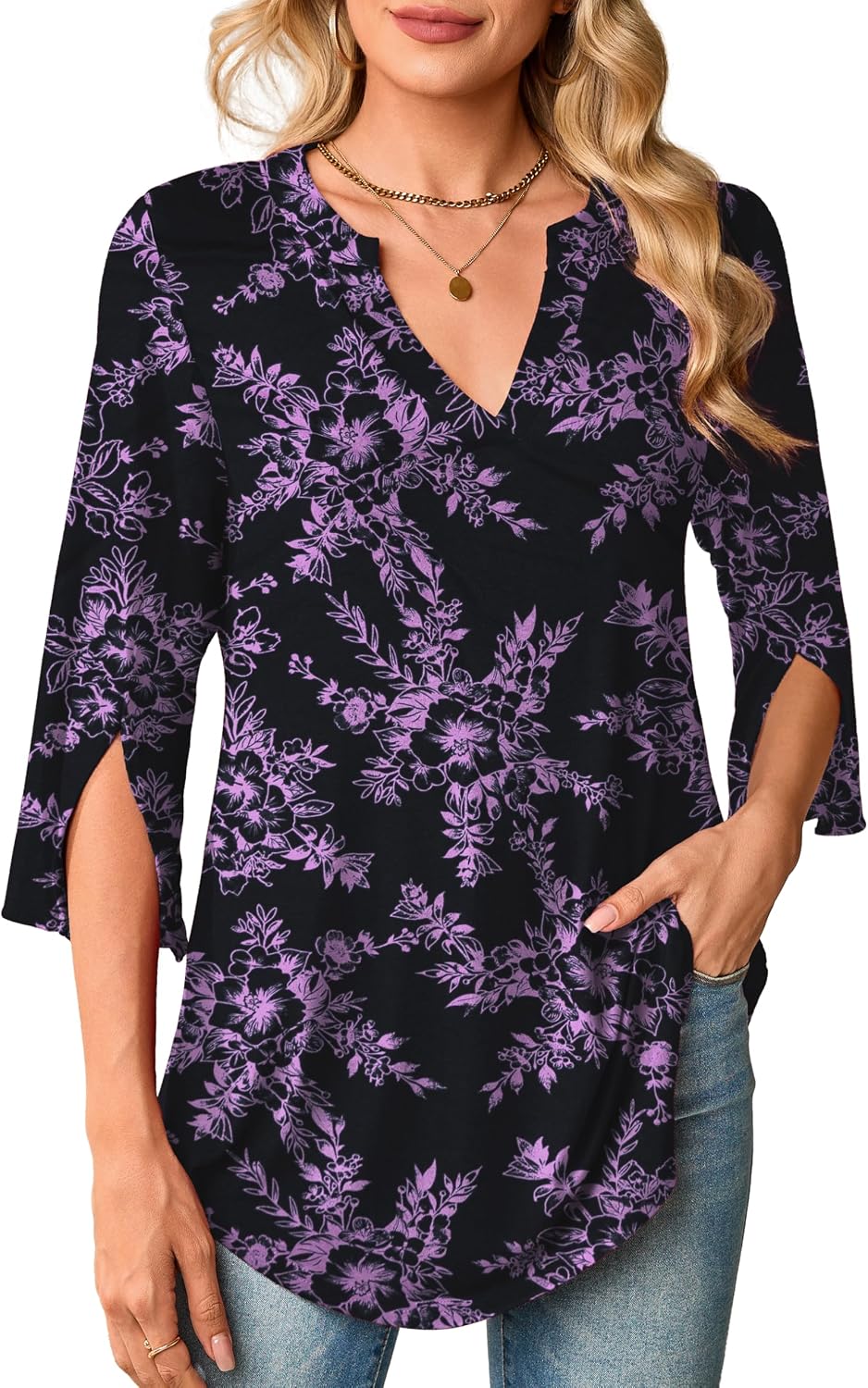 Women's Plus Size Tops 3/4 Roll Sleeve Blouses V Neck Tunic Tops