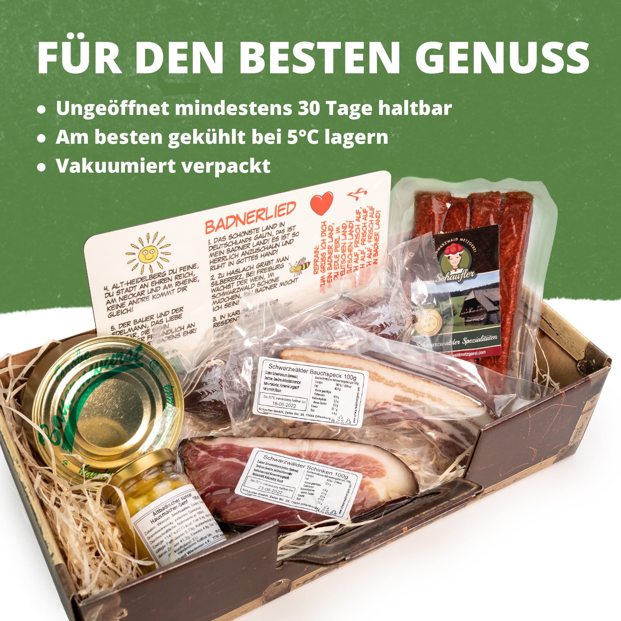 Koffer "Badnerlied" - Geschenkkorb mit Brettchen - Schinken und Salami 7 Teile - Präsentkorb mit Vesperbrett und Badnerlied Aufdruck