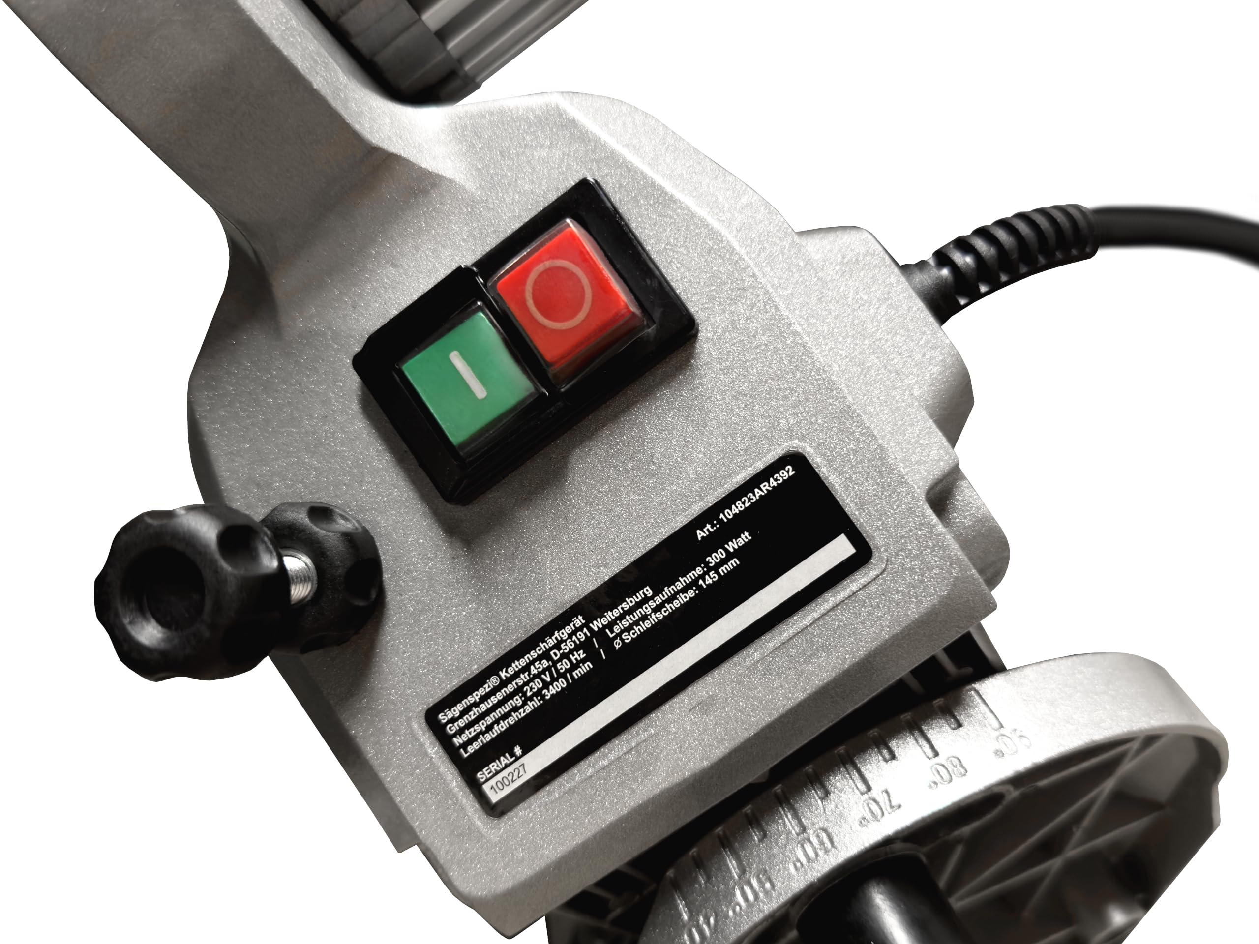 Sägenspezi® - Affilacatena HydroSharp 300 AutoClamp by Sägenspezi® – 300 W Semiautomatico con sistema di serraggio idraulico, LED, 3 dischi abrasivi, affilacoltelli per catena per seghe fai da te e