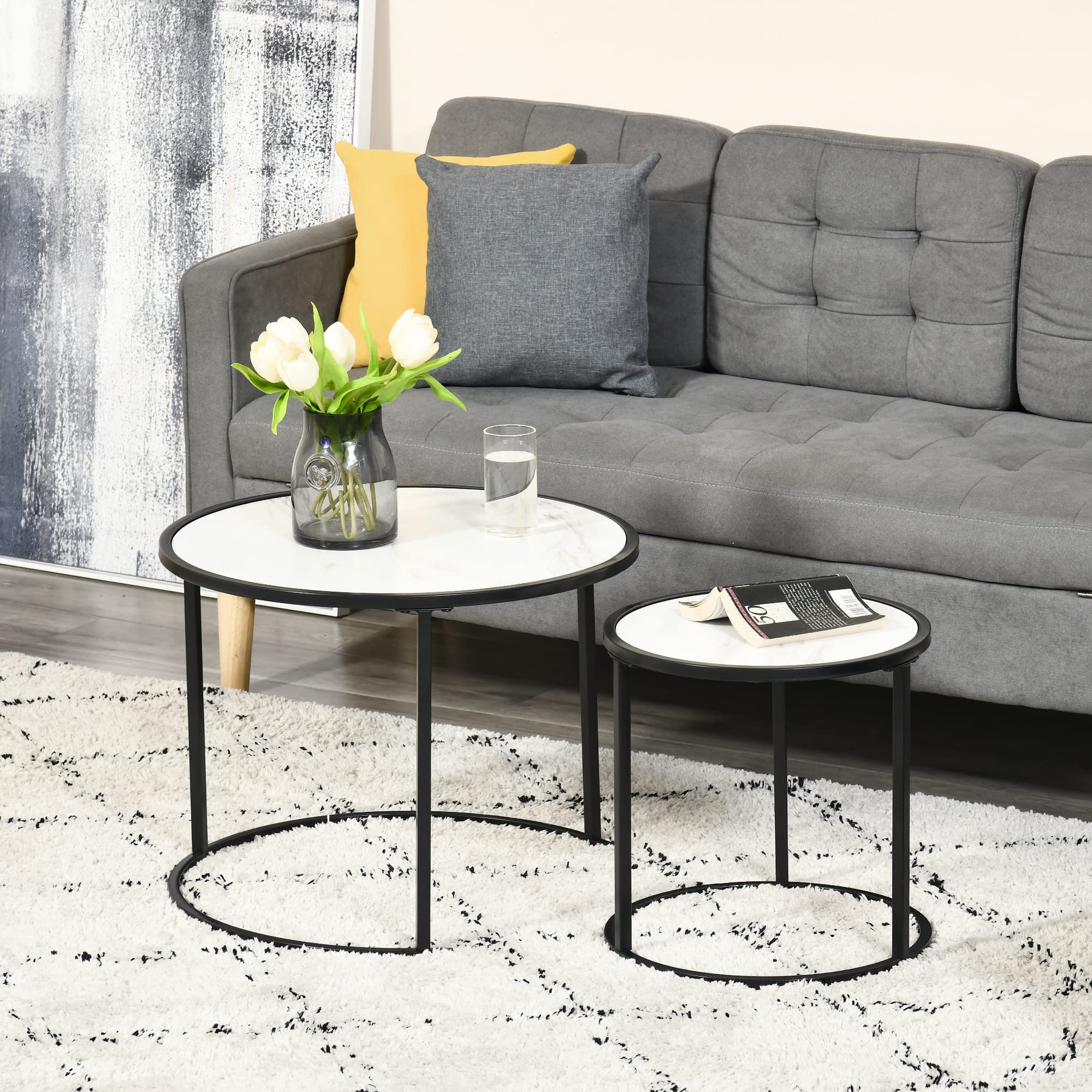 HOMCOM Juego de 2 Mesas Auxiliares Redondas Apilables Mesas Nidos Modernas con Encimera en Efecto de Mármol y Marco de Acero Ø60x46 cm y Ø40x40 cm Blanco