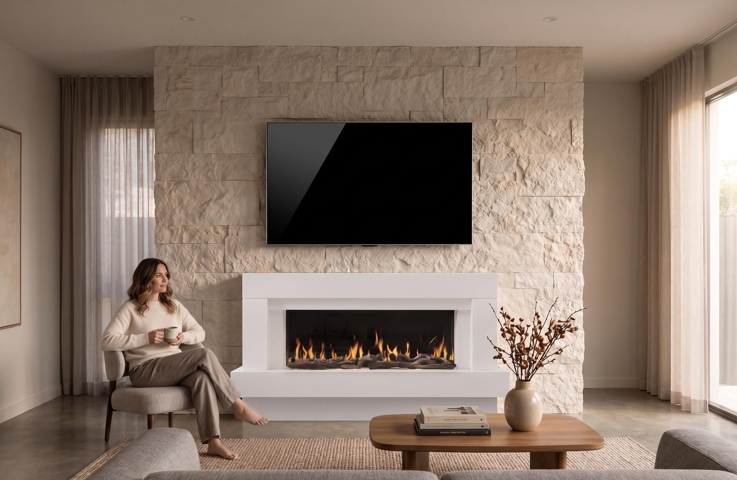 CHEMIN'ARTE Camino elettrico Linea 3XL 152cm da terra con effetto fiamma a led 7 colorati, bianco, con suono scoppiettante, WIFI, timer, 5 livelli di luminosità, telecomando