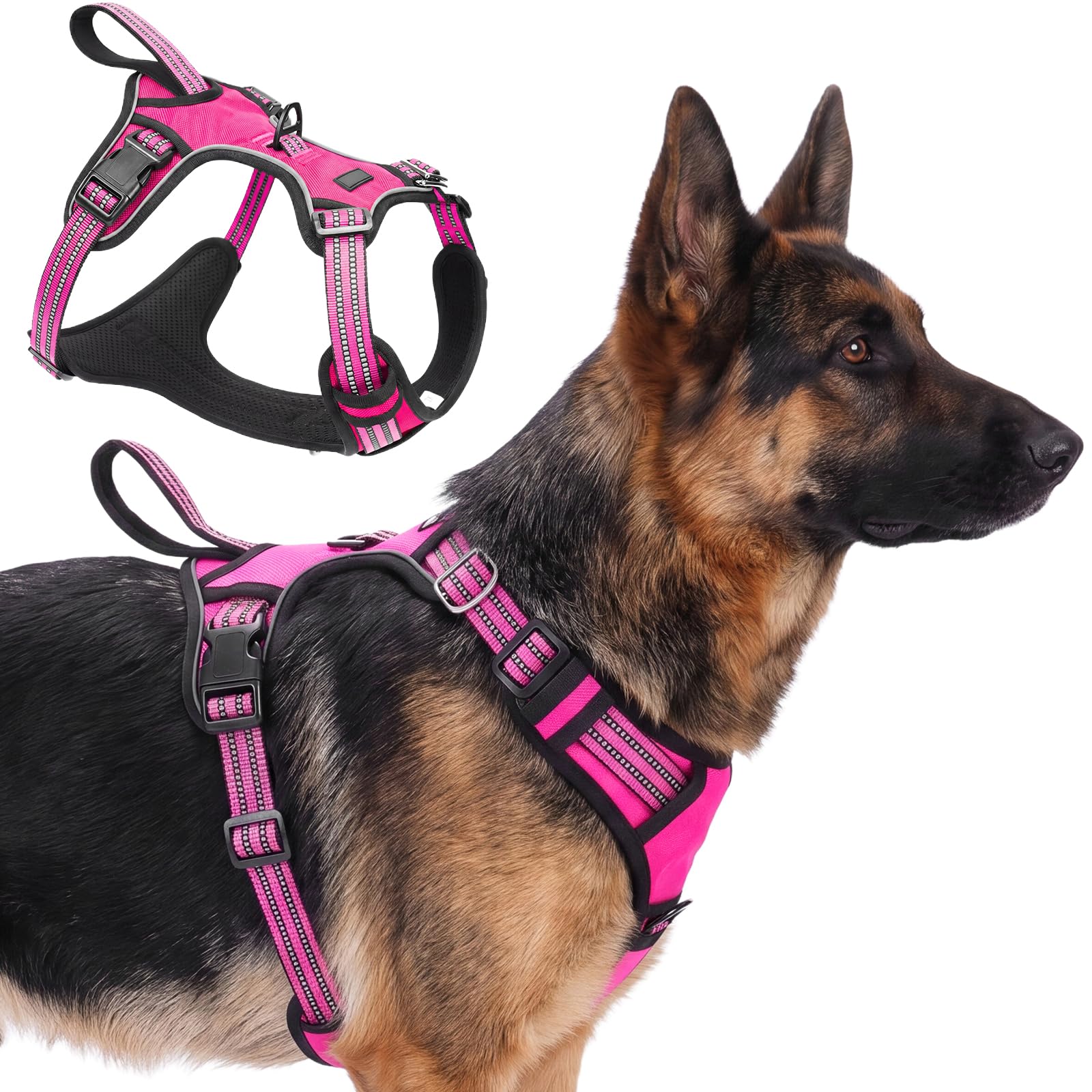 Olcyren Dog Harness for Small Medium Large Dogs, No Pull Adjustable Padded Dog Harness with Handle, Release on Neck, Anti Pull Reflective No-Choke Breathable Pet Harness with Front Clip (Rose Red, XL)