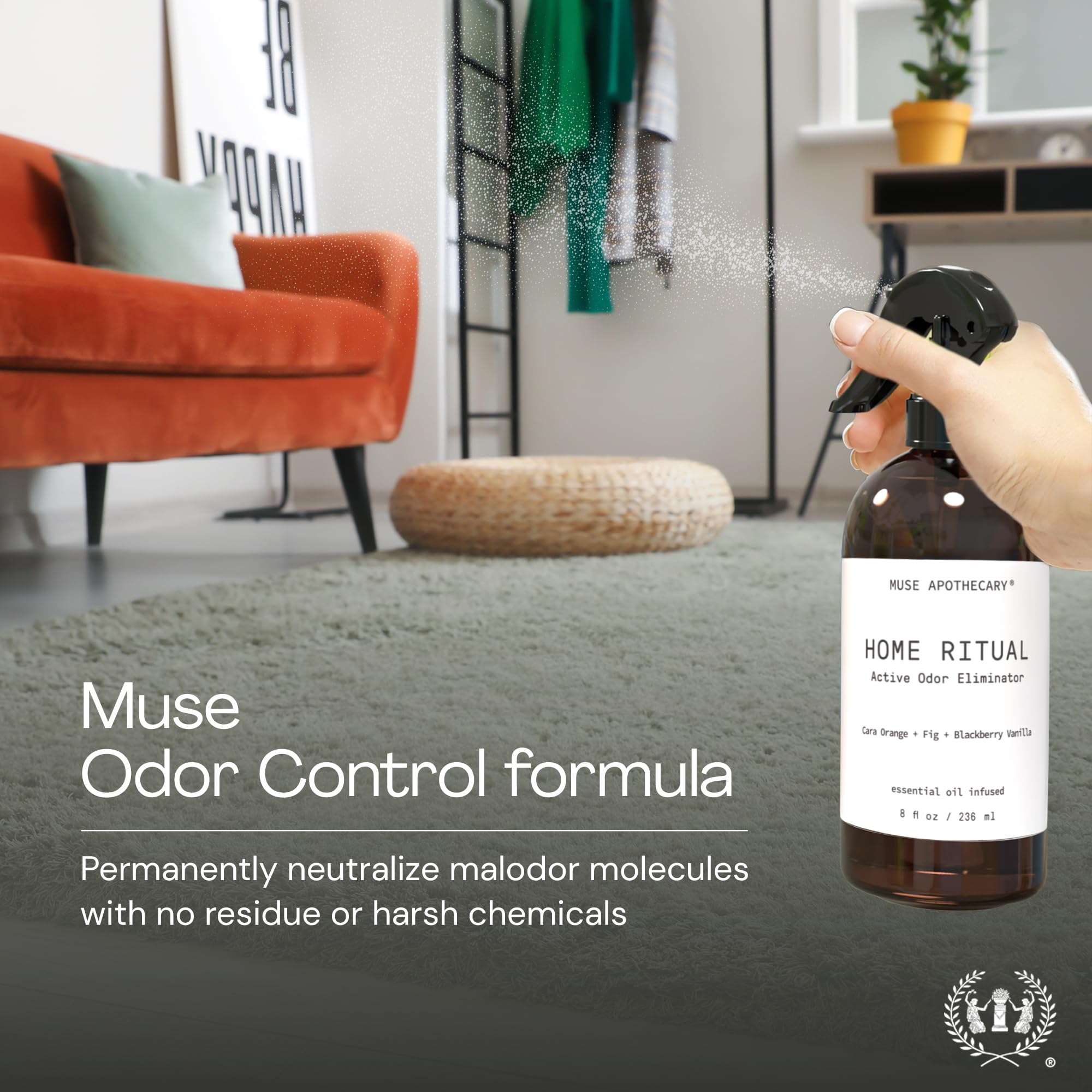 Muse Apothecary Home Ritual Active Odor Eliminator Spray - Furniture Deodorizer Spray & Bathroom Odor Eliminator for Home - Essential Oil Air Freshener - 8oz, Bergamot + French Lavender + Sandalwood view 3