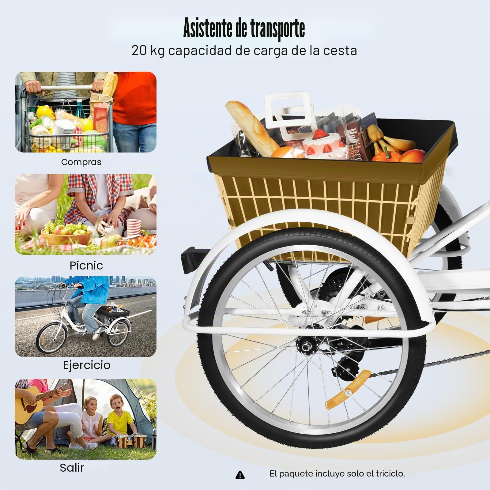 Triciclo de 20 Pulgadas para Adultos, Bicicleta Urbana de 3 Ruedas con Cesta, 8 Velocidades, Ajustable en Altura, Negro y Blanco