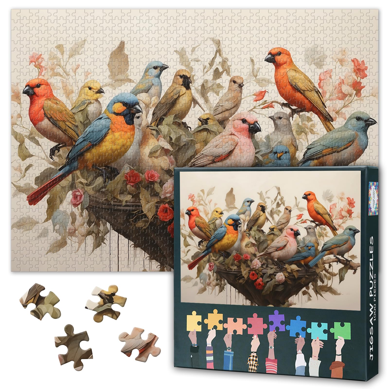 1000-Piece Jigsaw Puzzle for Adults - Birds and Flower, Wildlife Parrot Animal,Difficult Challenging Puzzles Art for Home Decor & Family Bonding 50x70cm