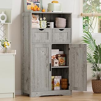 Iwell Bathroom Cabinet with 2 Drawers & 2 Adjustable Shelves, Storage Cabinet with Doors, Cupboard, Floor Cabinet for Living Room, Entryway, Home Office, Grey