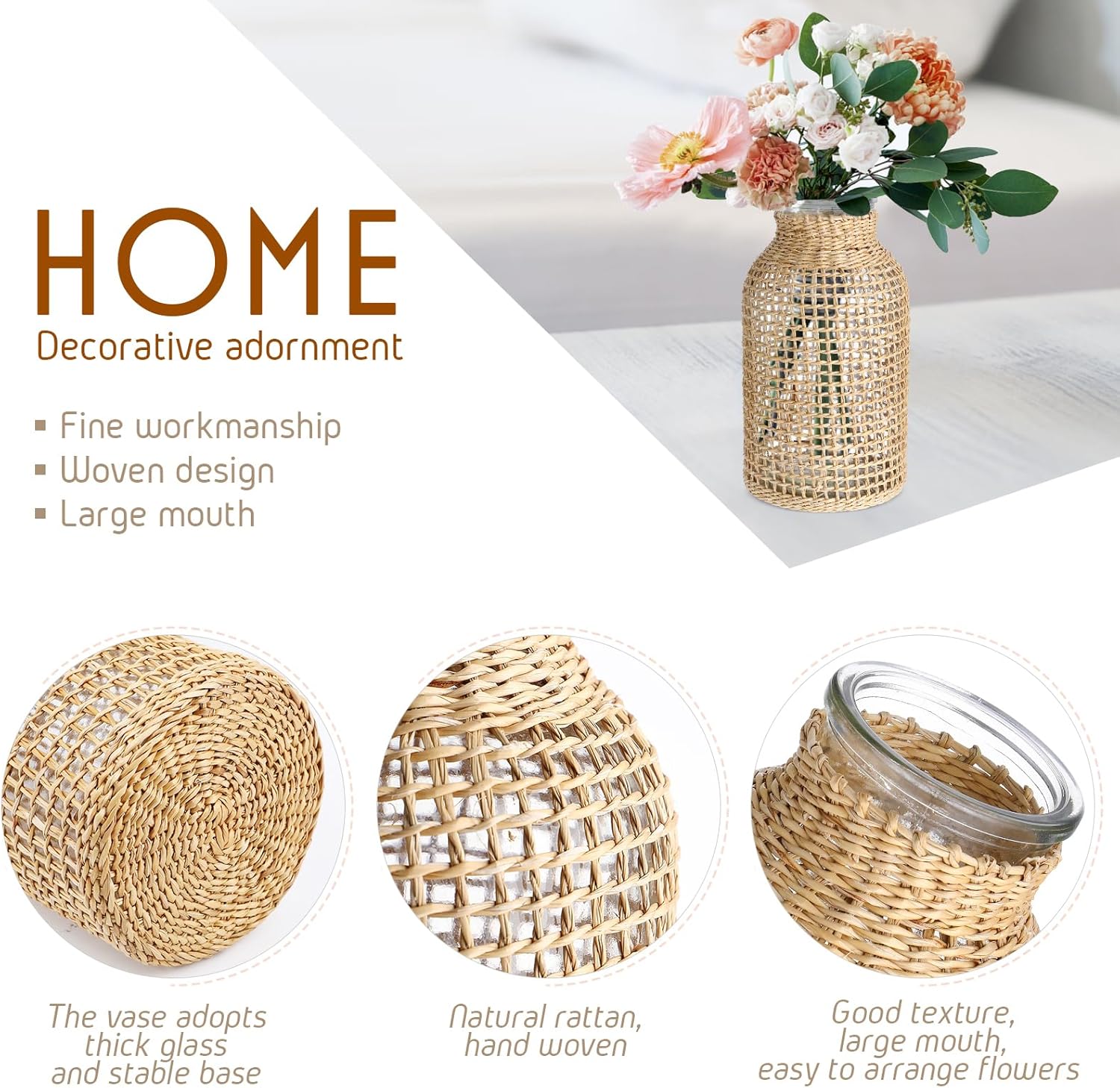 DOITOOL Glass Vase with Rattan Cover, Farmhouse Rattan Vase, Wicker Vase Flower Bud Vase, Decorative Flower Vase Floral Container for Floral Arrangements Housewarming Party Home Decor (L+XS)