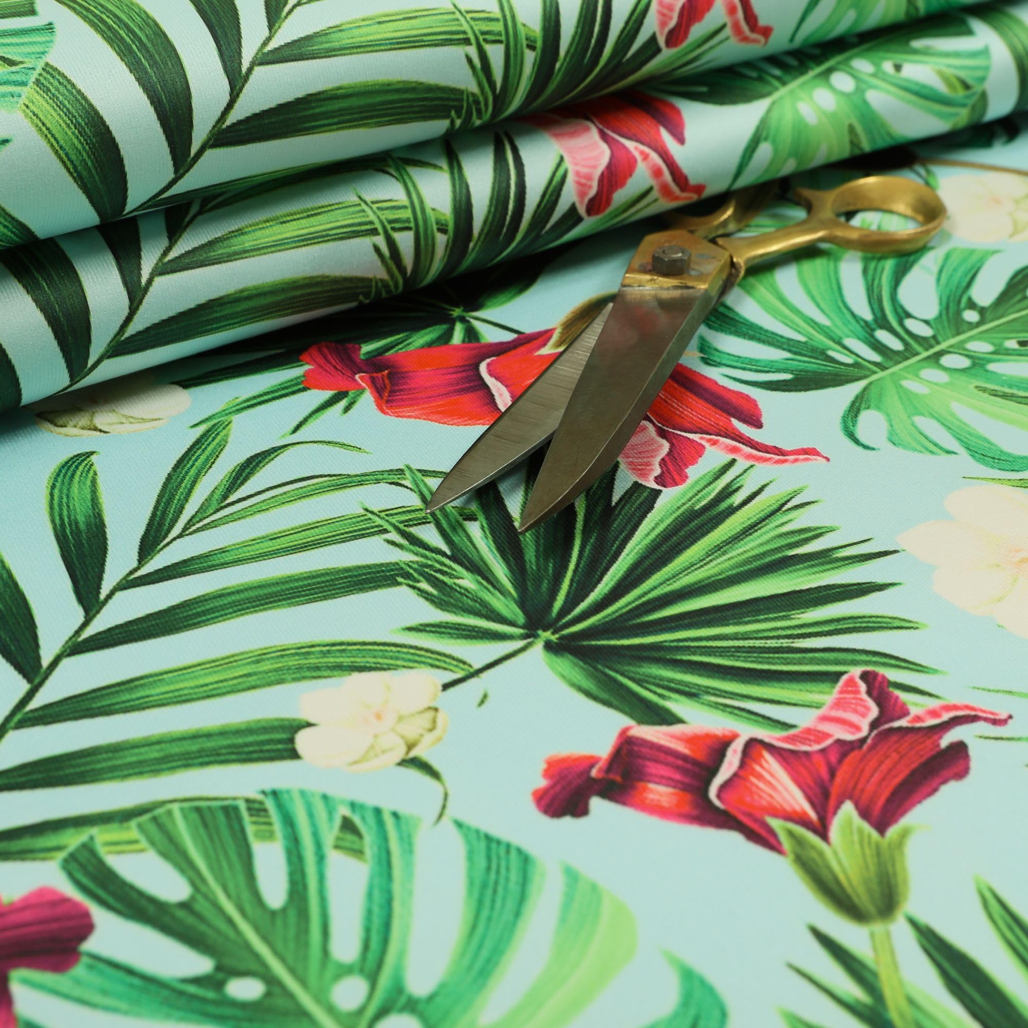 Redbrick Mill Fabrics Flame Retardant Blue Background Green Red Jungle Floral Pattern Velour Velvet Upholstery Fabrics (Per Metre) โ image 1