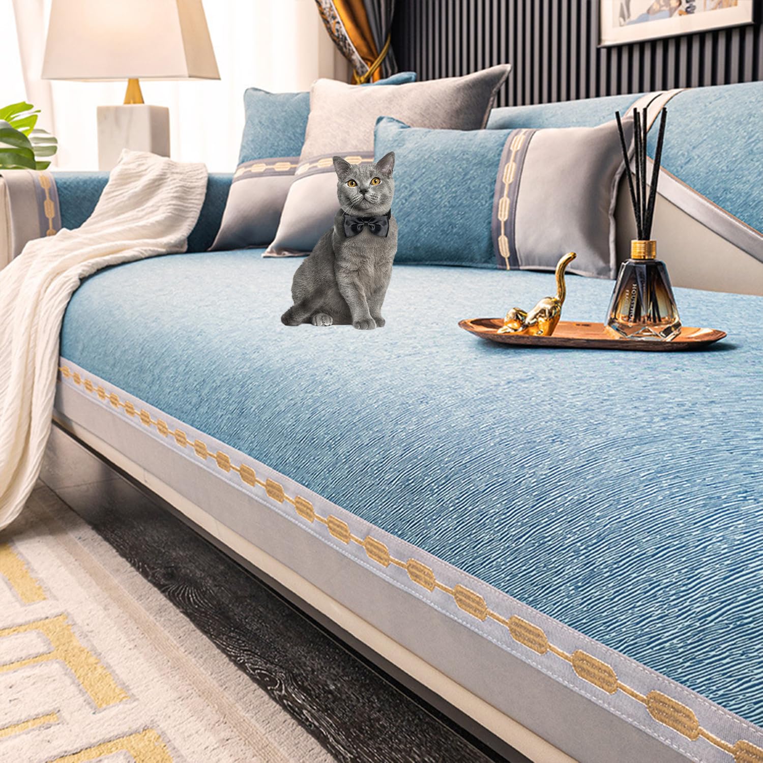 Housse de canapé en chenille bleu pour un salon chaleureux toute l'année