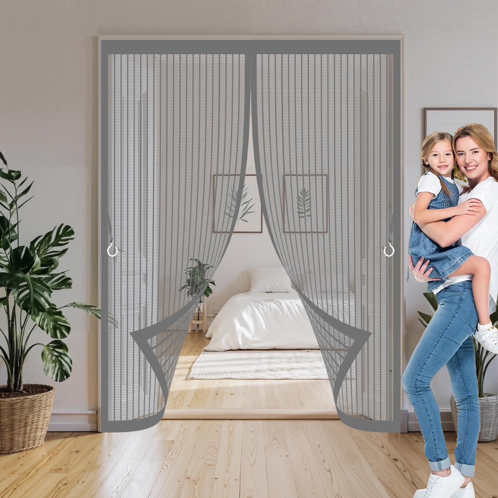 Xueqxue Grey Fly Nets For Doors 180 X 200 Cm With Powerful Magnets & Full Frame Magic Tape, Keep Bugs Out & Lets Fresh Air In Heavy Duty Bug Mesh Curtain For Patio Doors Balcony,