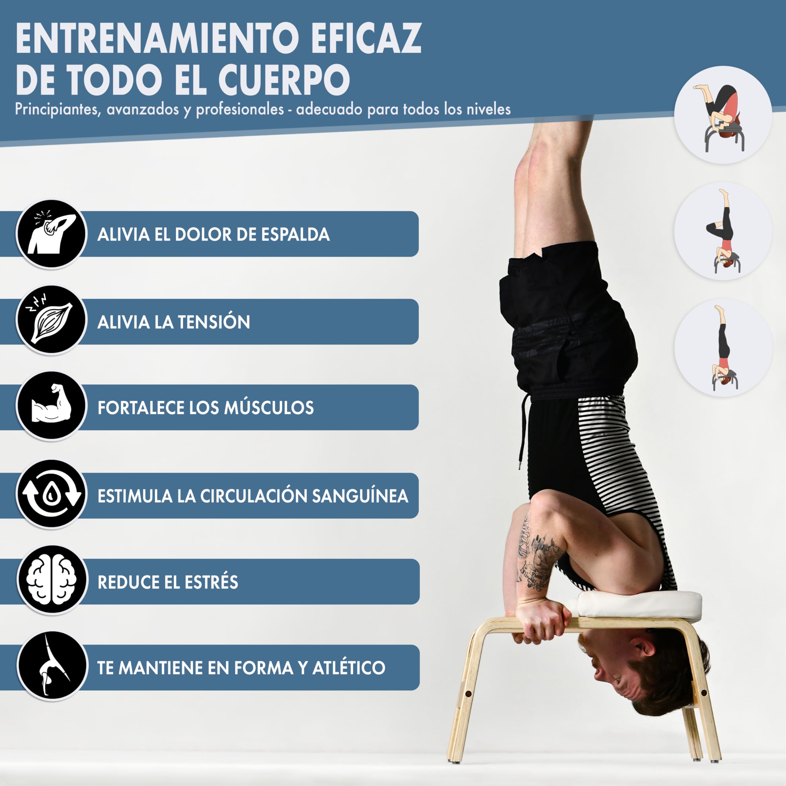 VALENESS® Taburete de Yoga para inversión en Madera con Correa y Bloque | De madera maciza, con correa de yoga, bloque y póster de ejercicios – para practicar inversiones de yoga en casa.