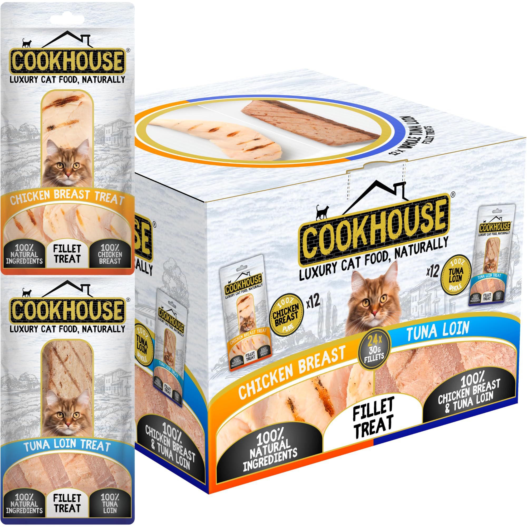 COOKHOUSE 100% Pure Chicken Breast / 100% Whole Tuna Loin Fillet Luxury Cat Treats - 24 x 30g Pouches - 100% Natural - Grain Free - High Protein - Low Fat Cat Snack