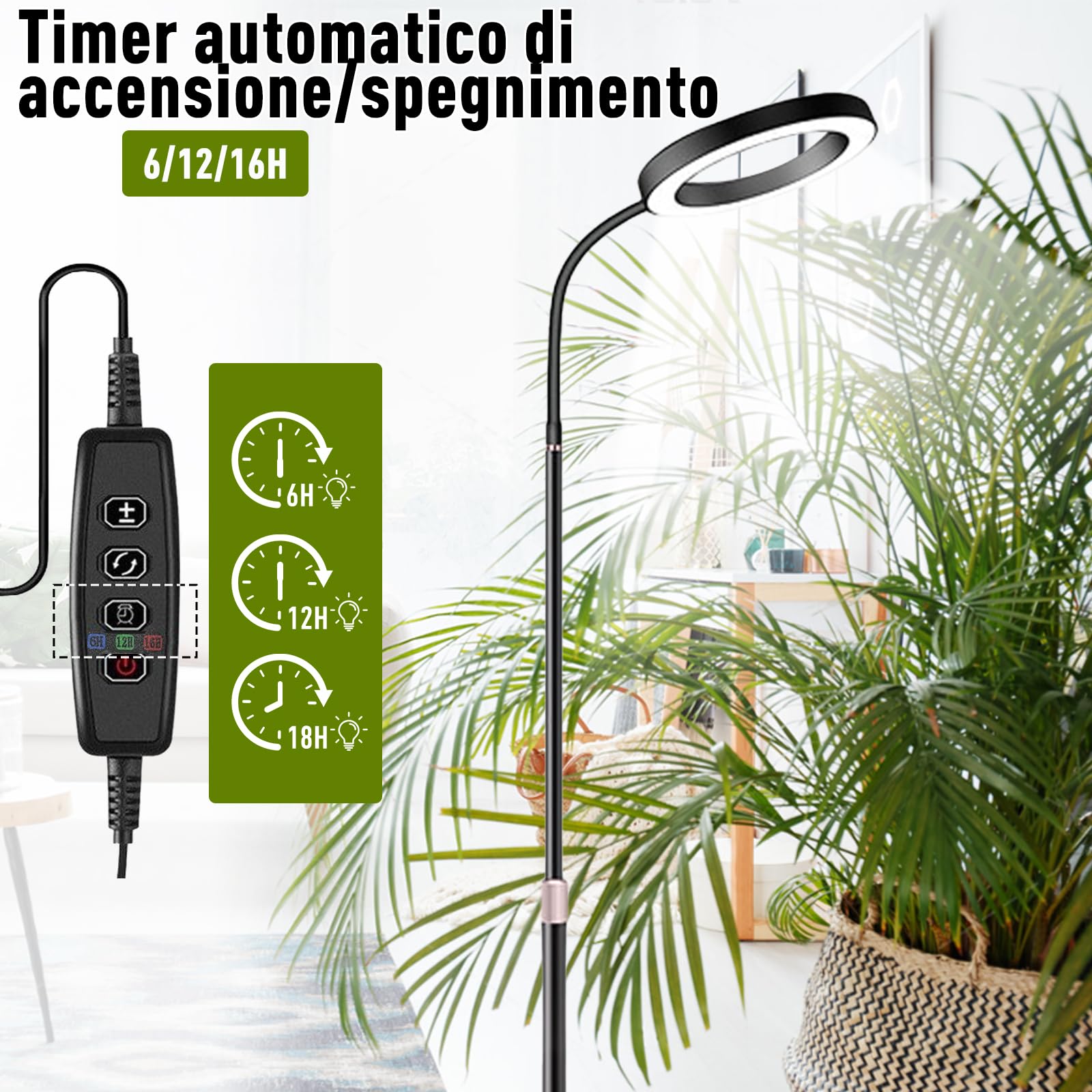 Lampada per Piante a LED, Spettro Completo 380-800nm con Timer 6/12/16H, 3 Modalità Luce & 10 Livelli Luminosità, Altezza Regolabile 57-170cm, Grow Light per Piante da Interno, Include Timer