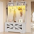 GarveeHome Hall Tree with Shoe Storage Bench, 4-in-1 Entryway Bench with Coat Rack & Adjustable Shlef & 2 Wood Door, Hall Tree with Metal Corner & 5 Tri-Hooks for Entryway,Bedroom, Living Room, White