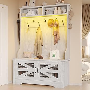 GarveeHome Hall Tree with Shoe Storage Bench, 4-in-1 Entryway Bench with Coat Rack & Adjustable Shlef & 2 Wood Door, Hall Tree with Metal Corner & 5 Tri-Hooks for Entryway,Bedroom, Living Room, White