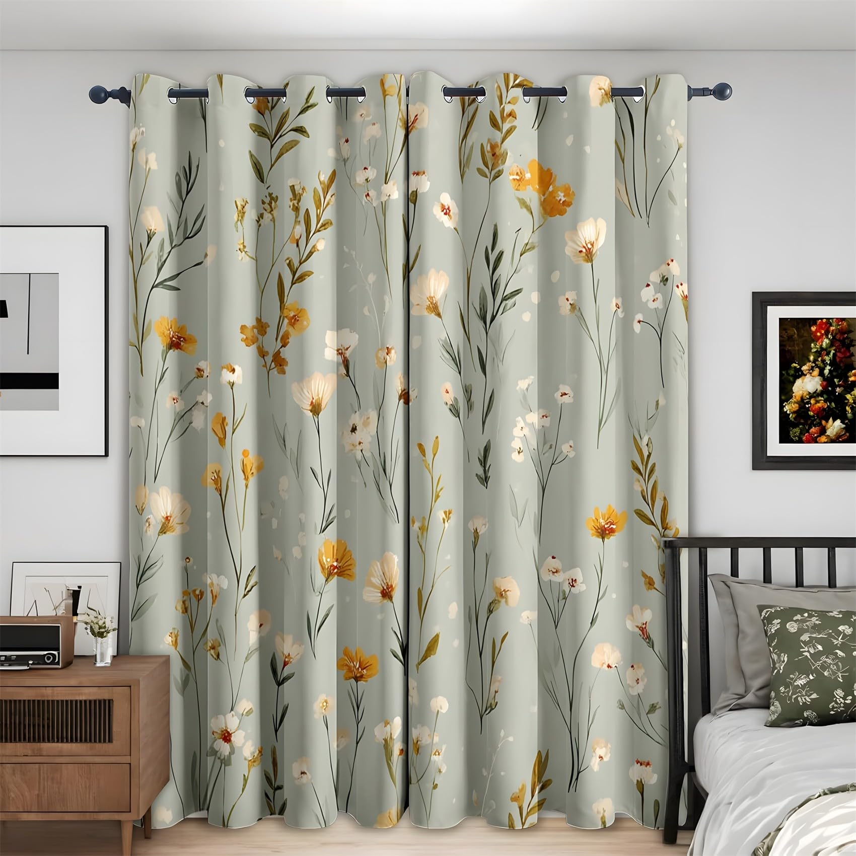 KaiHeBeding Wildflowers Blackout Curtains for Bedroom - Bohemian Style Living Room Curtains 90x90 Eyelet - Soft Thermal Insulated Patterned Drapes for Windows - 2 Panels