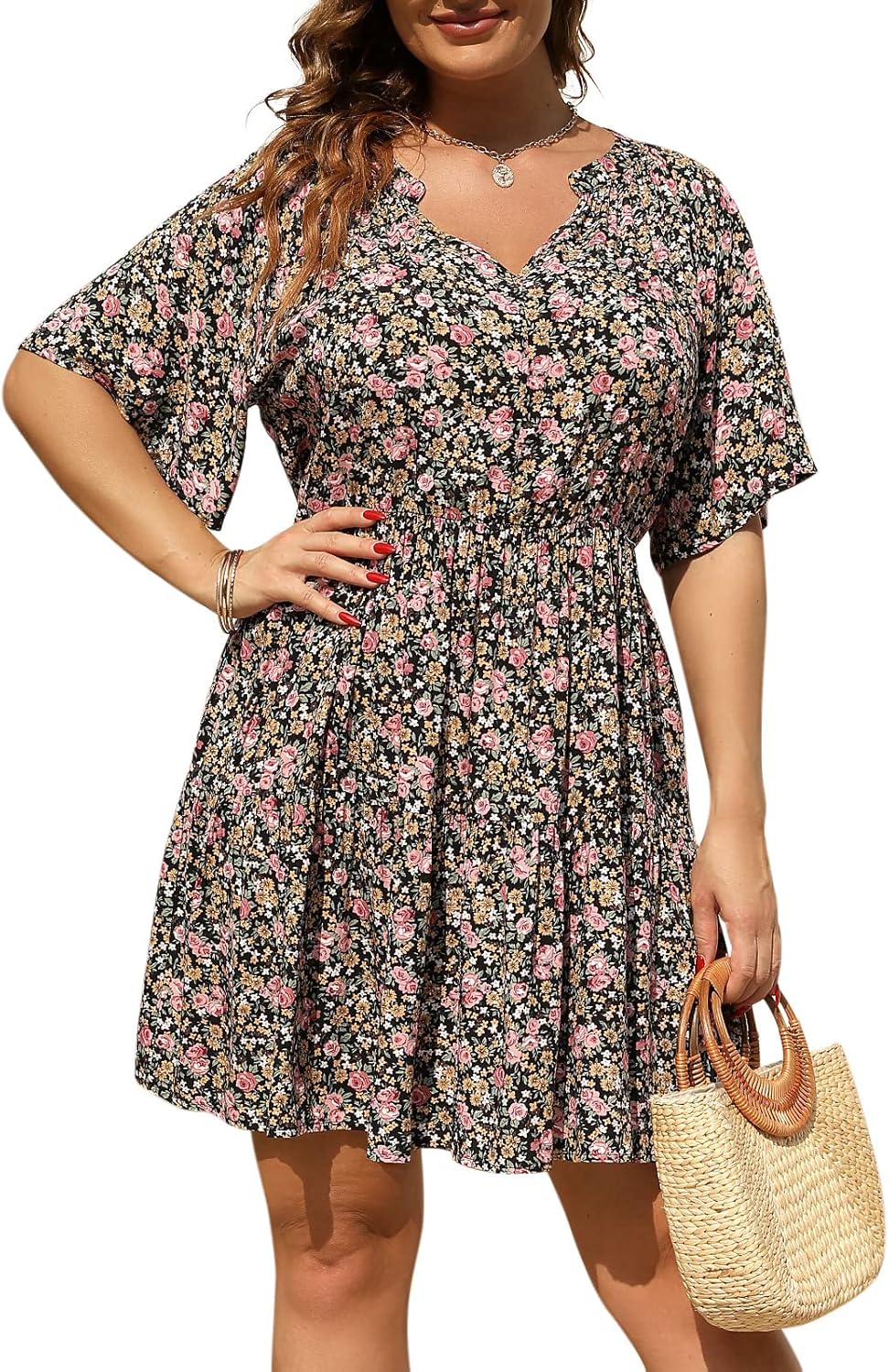Nemidor Womens Plus Size Summer Dress Floral Print Boho Swing Short Sleeve V Neck Casual Mini Dresses with Pocket