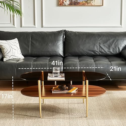 Miniatura 19 de Saint Mossi Tadio - Mesa de centro de vidrio de doble capa para sala de estar, estante inferior de MDF marrón y café Vidrio marrón y marrón