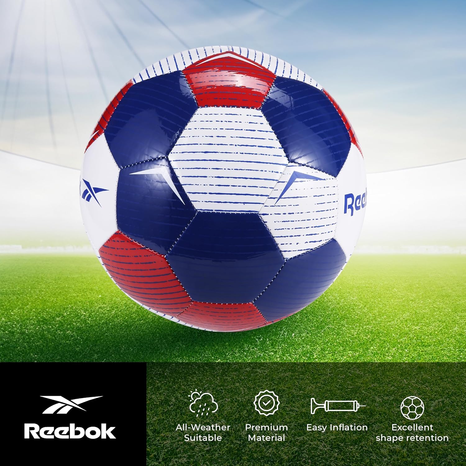 Reebok Recreational Soccer Ball, Premium TPU Composite Leather Cover, Soft Touch EVA Foam Backing, Includes Pump & Needle, VR-3K Series
