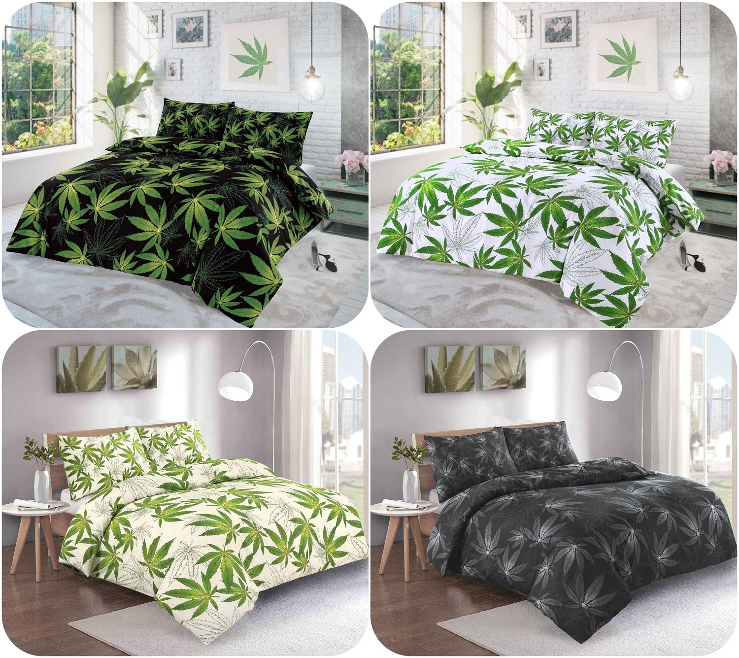 Voice7 Cannabis - Black / Green Cannabis Reversible Duvet Set 4 Colors Choice - Kingsize Marijuana Leaf Weed Quilt Cover + Matching Pillow Cases (Black - Green)