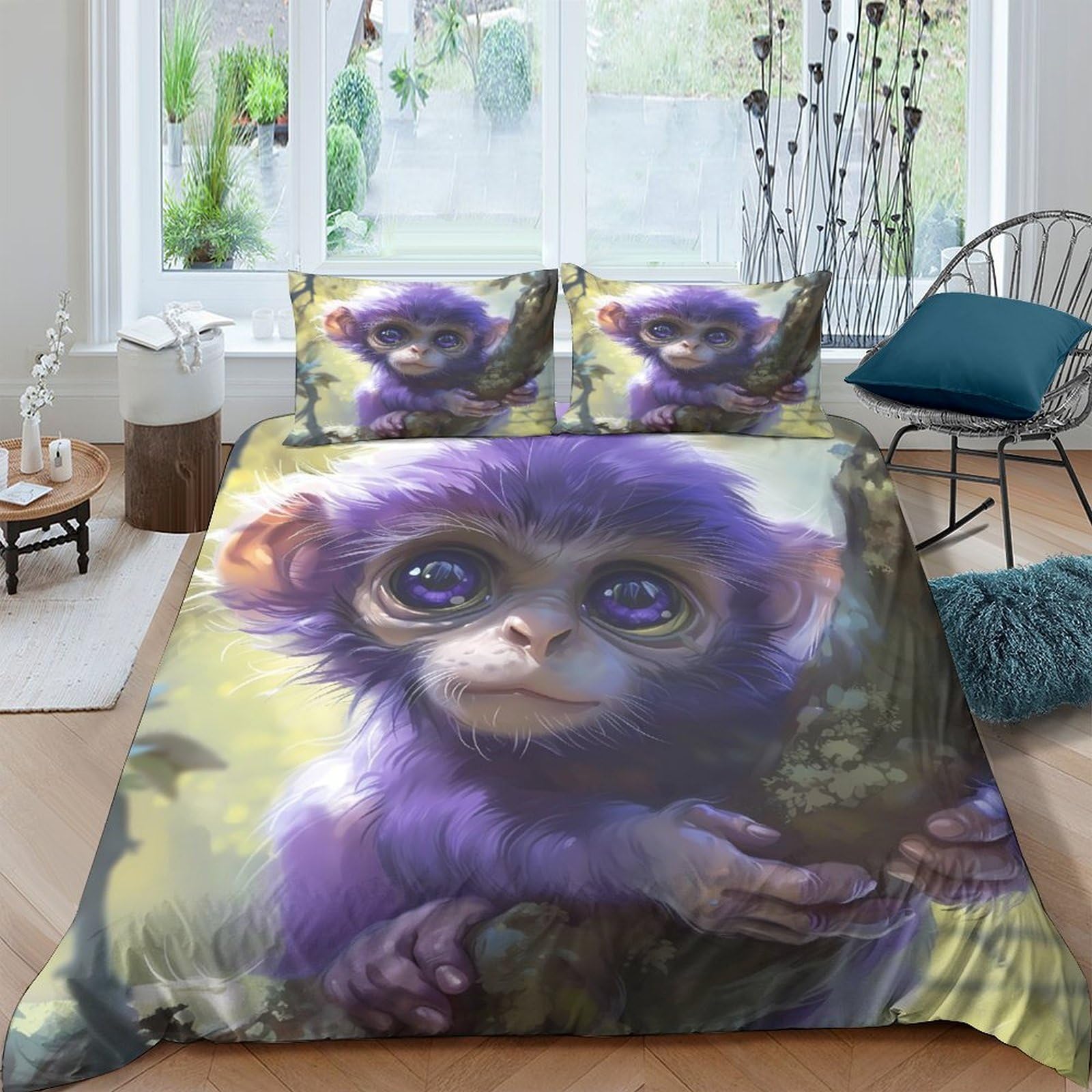 GPLZQXKJNH 3D Printed Purple Monkey Duvet Cover Microfiber Soft Breathable Jungle Animal Bedding Set with 2 Pillowcases for Bedroom Decor Single（135x200cm）