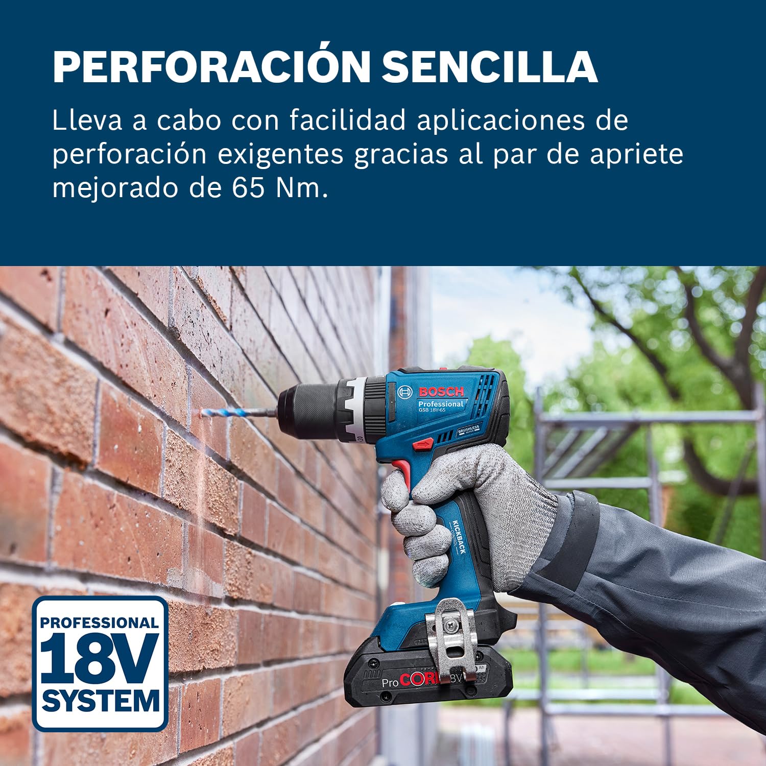 Bosch Professional 18V System atornillador a batería GSB 18V-65 (motor Brushless sin escobillas, longitud del cabezal 175, sin batería/cargador)