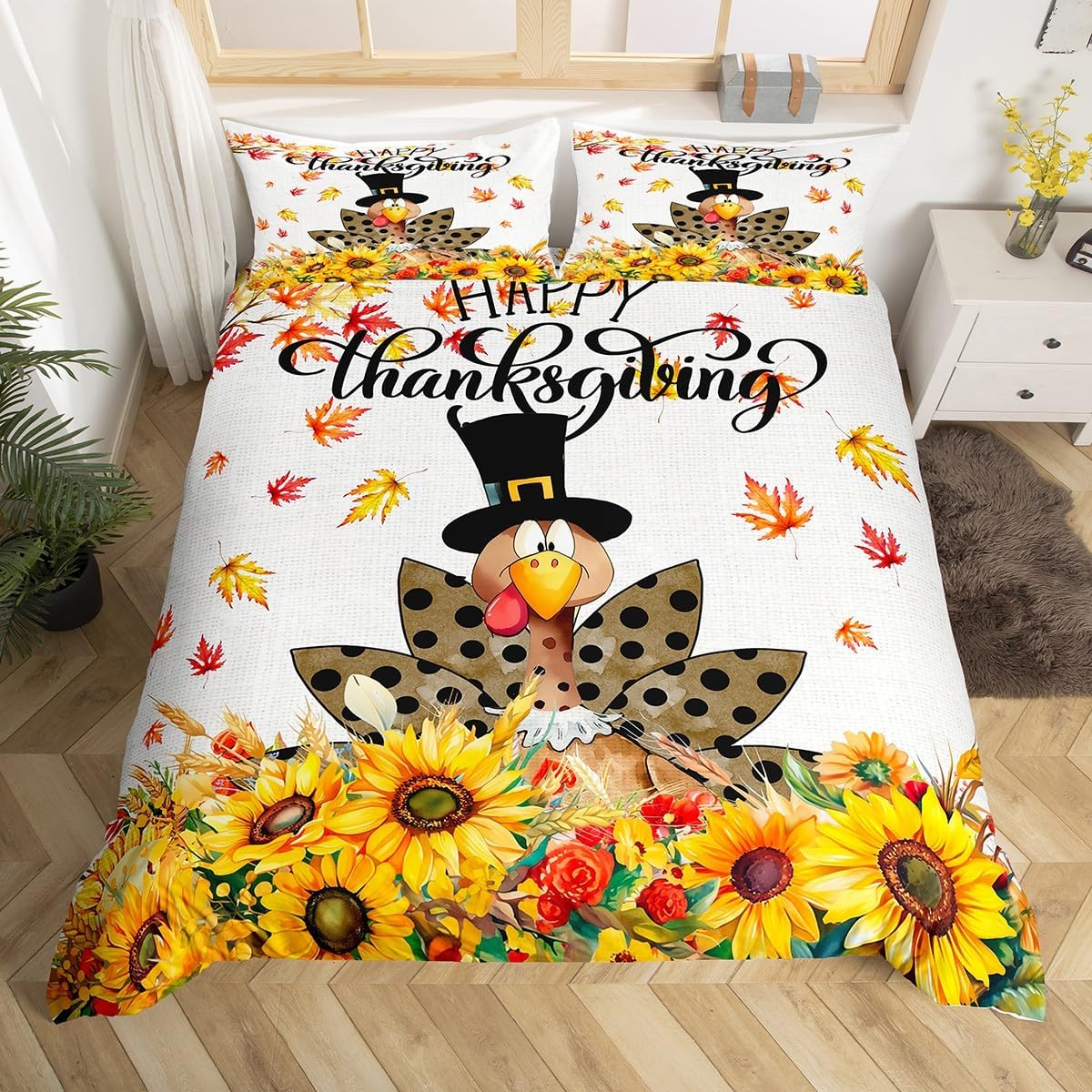Happy Thanksgiving Kids Duvet Cover Set King Size,Cartoon Turkey Sunflowers Bedding Set,Girls Boys Adults Room/Cabin Decor,Fall Maple Leaves Comforter Cover,Rustic Farm Quilt Cover,2 Pillowcases