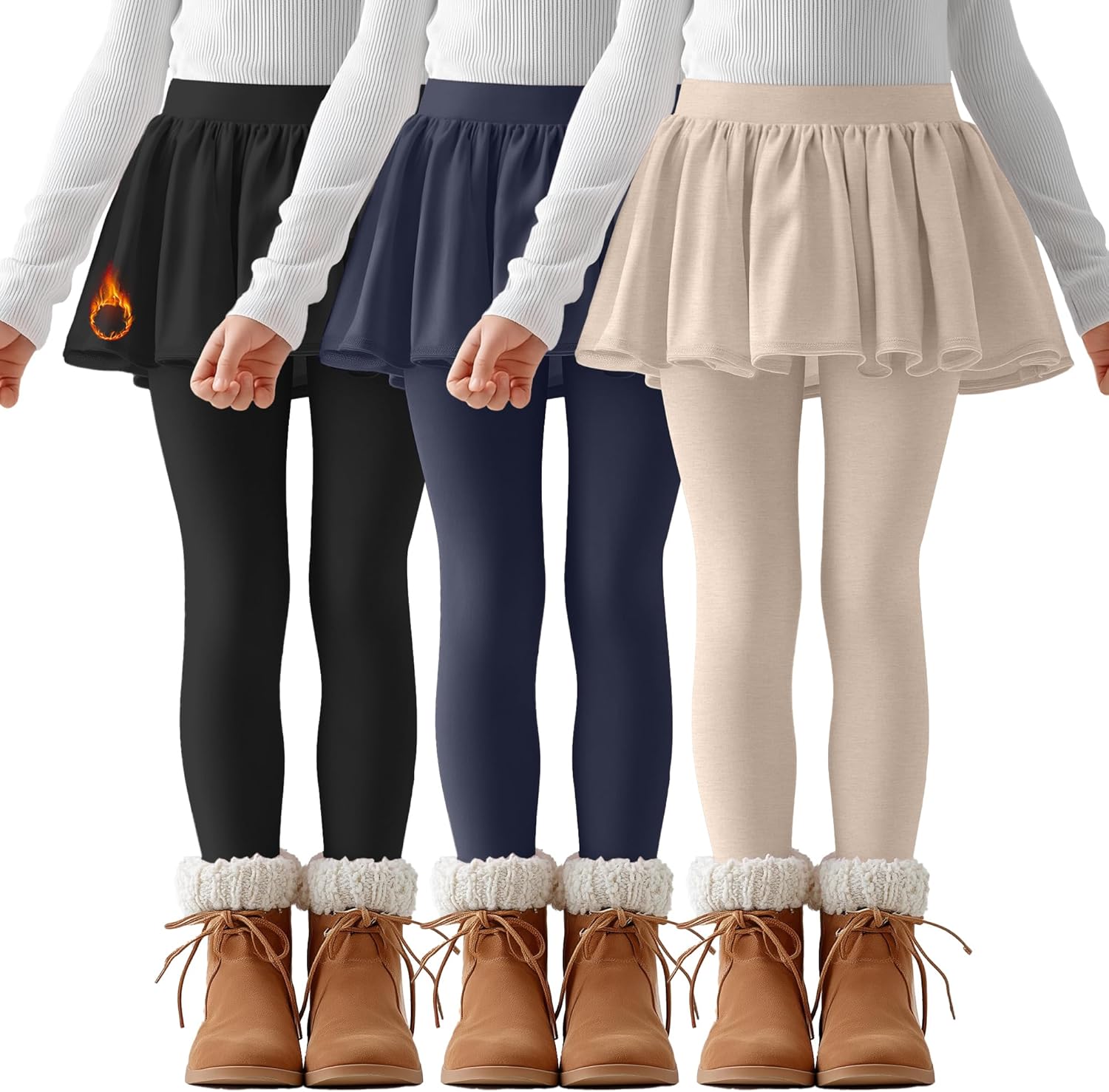 LessonZoo 3 Pack Girls Fleece School Uniform Pants Leggings with Ruffle Skirt Kids Thermal Footless Stretch Pants 5-14 Years