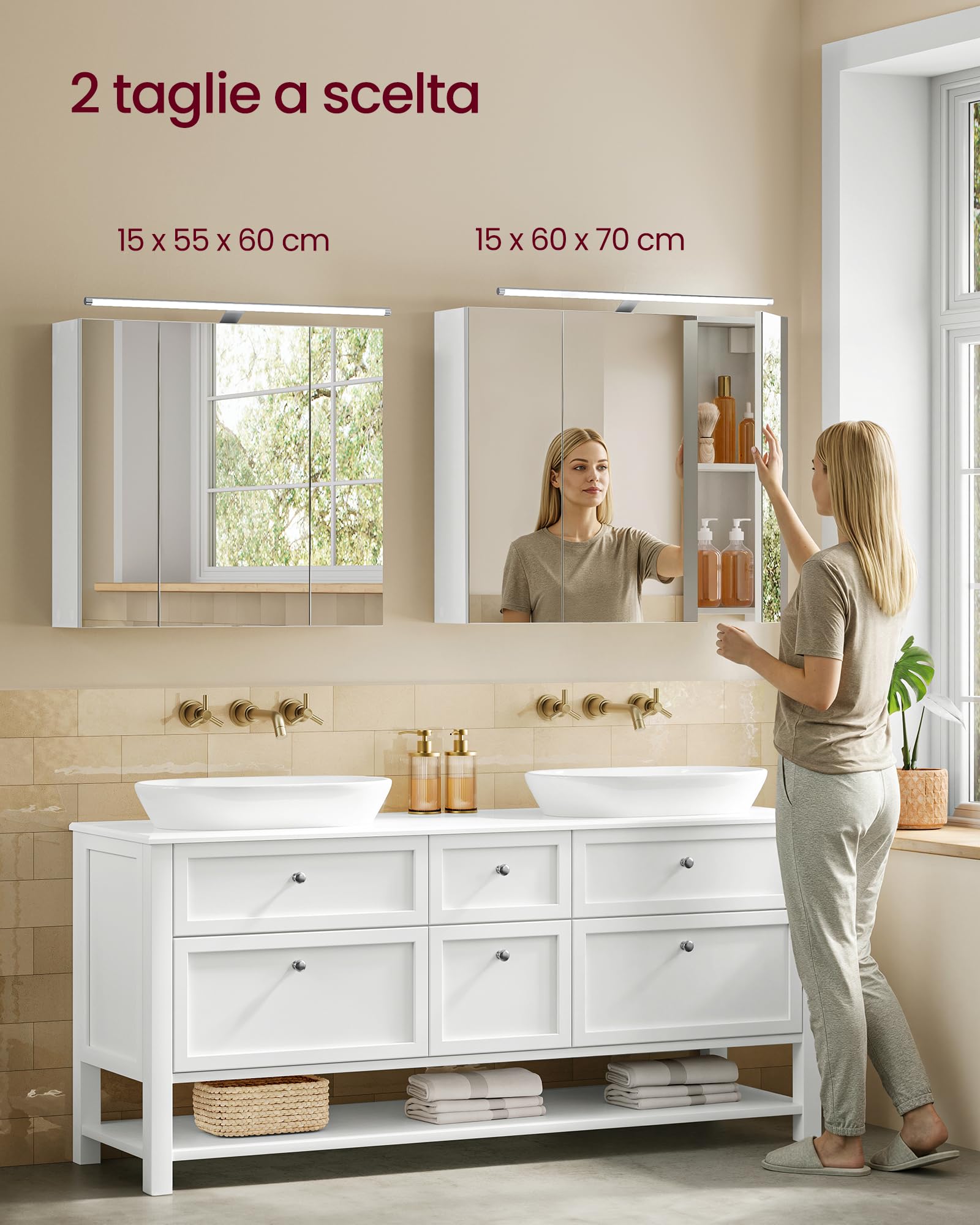 VASAGLE KAILYN Collezione - Armadietto da Bagno Sospeso con 3 Ante a Specchio e Illuminazione, Ripiani Regolabili, Stile Moderno, 15 x 70 x 60 cm, Bianco Nuvola BBK139WB01