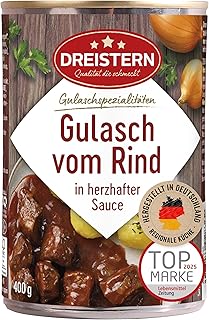DREISTERN Rindergulasch 400g I Mit pikanter Sauce I Herzhaftes Fertiggericht in recyclebarer Konservendose I Lange Haltbarkeit dank natürlicher Konservierung I Hausmacher Qualität