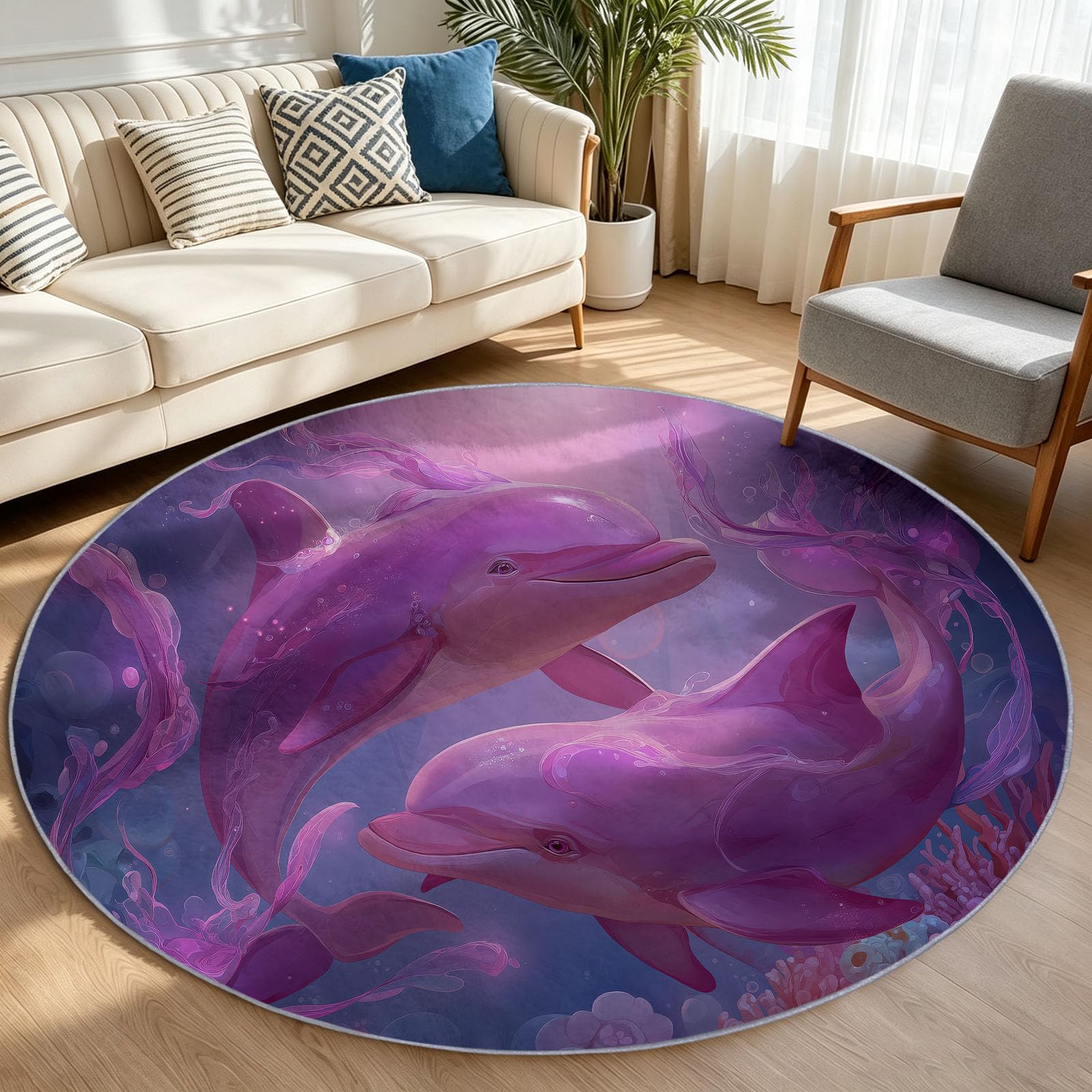 Générique Tappeto rotondo fantastico racconto animale delfino mondo sottomarino, 180 cm, tappeto antiscivolo, lavabile in lavatrice, pelo corto, morbido tappeto soggiorno, ingresso scendere, ufficio
