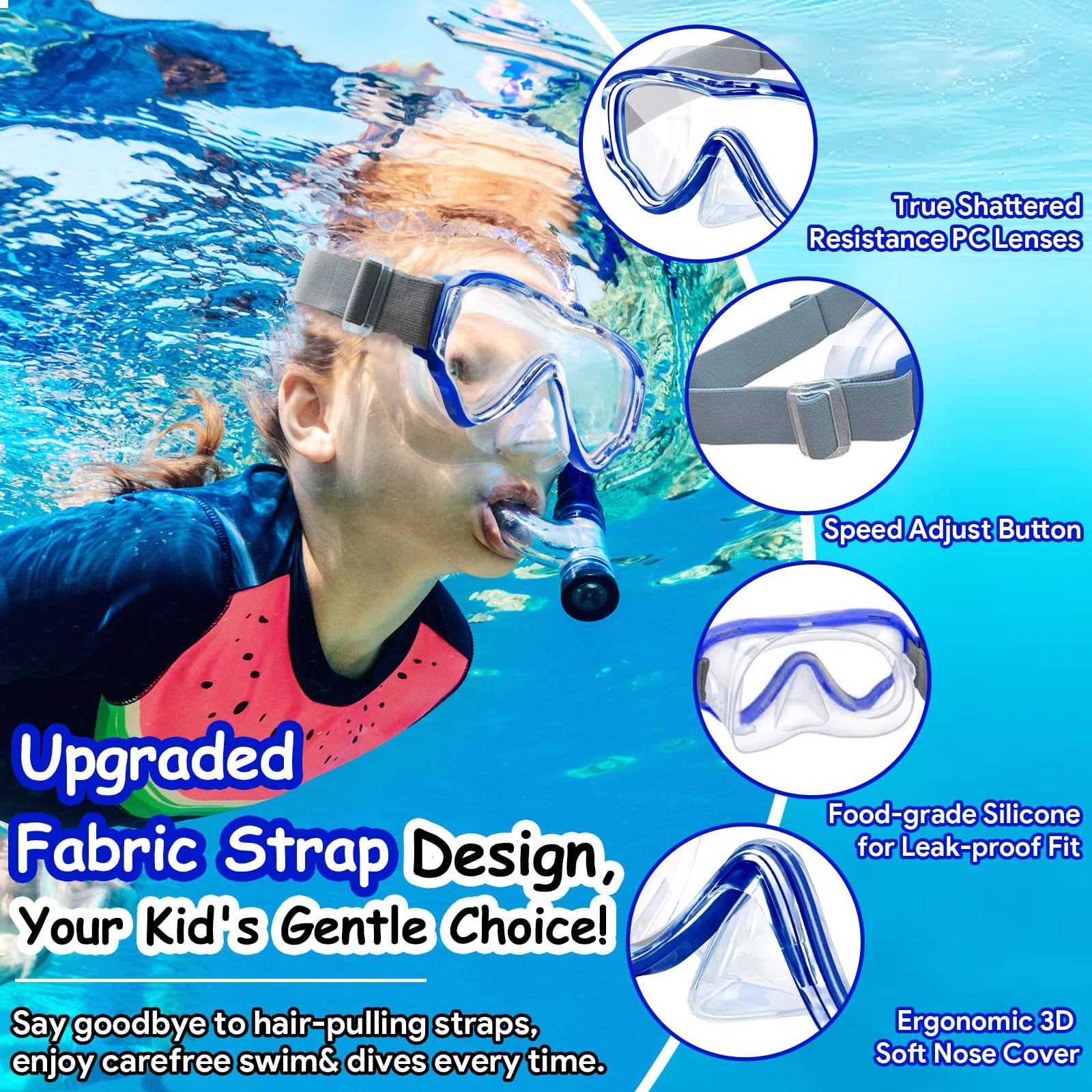 Vvinca Gafas para niños con Cubierta de Nariz, máscara de Buceo, Correa de Tela elástica, antivaho, Lentes inastillables para niños de 3 a 14 años