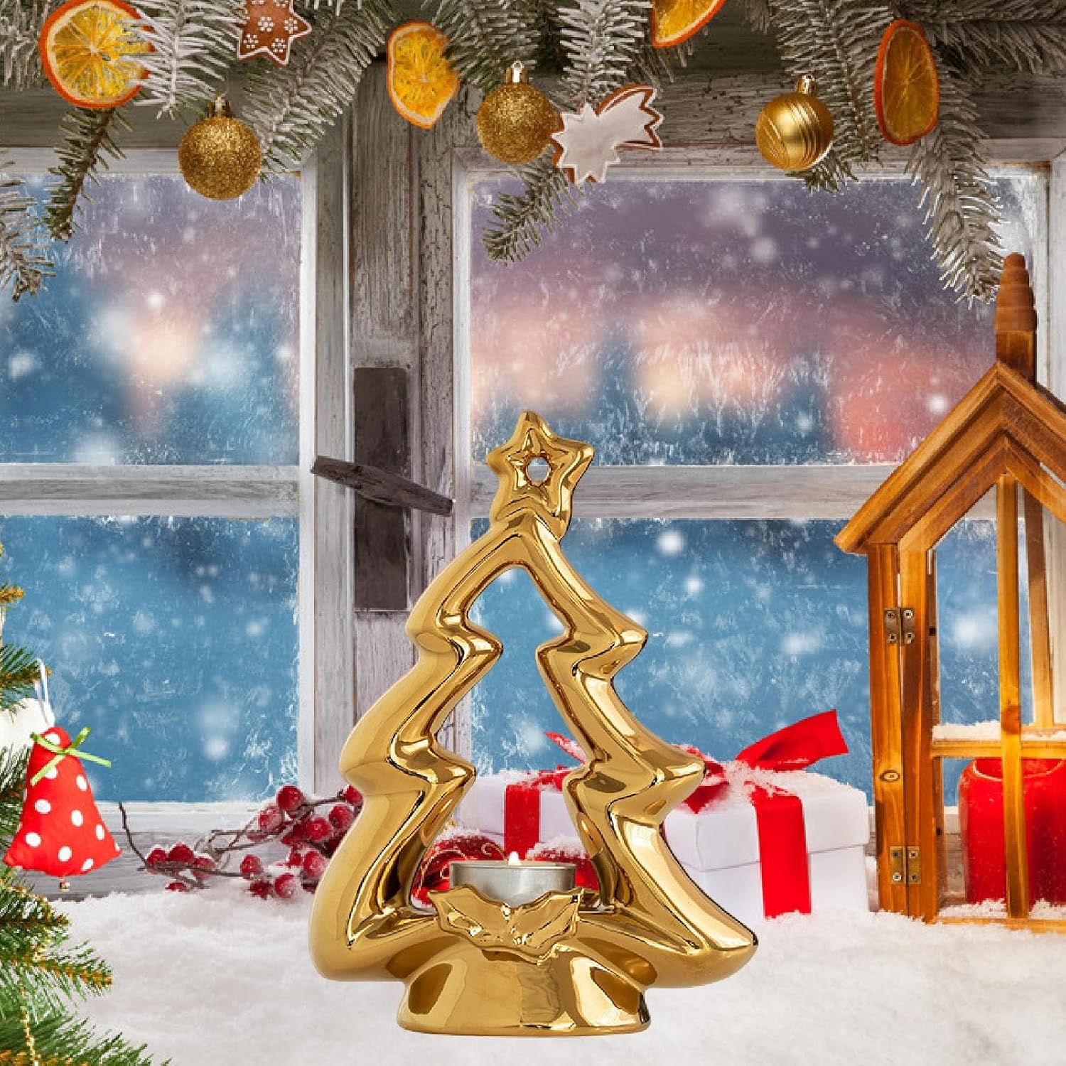 Christmas Tree Tealight Candle Holder Farmhouse Table Centerpiece Votive Candle Stand for Easter Festival Desk Decor- Gold