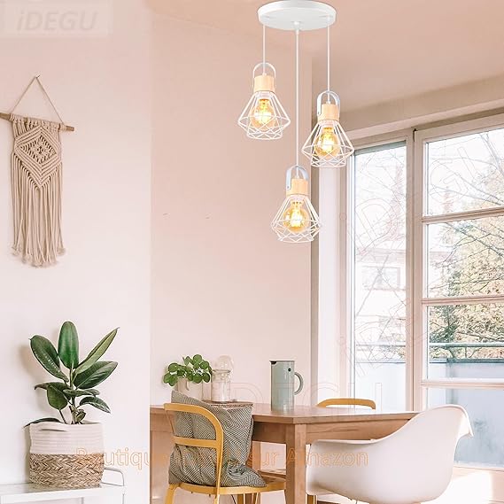 iDEGU iDEGU Vintage hanglamp met 3 lichtpunten, 16 cm, plafondlamp van hout, metaal, kooi-design, creatief, witte lampenkap, retro, E27, binnenverlichting, hanglamp voor slaapkamer, woonkamer (kroonluchter, photo 2