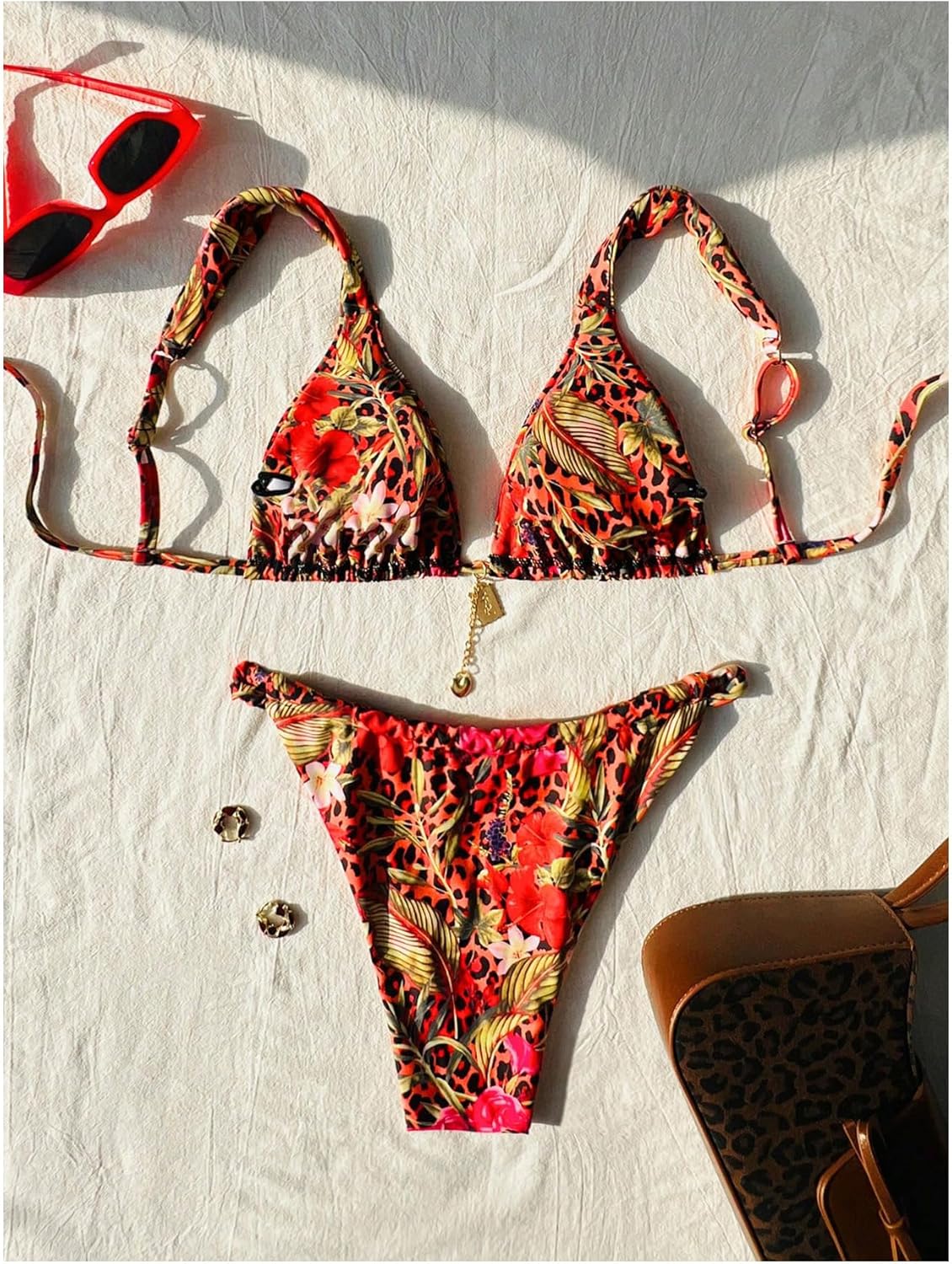 Women's 2 Piece Floral Tropical Print Bikini Set Boho Triangle Bathing Suit Tie Backless Swimsuit Sets - Image 2