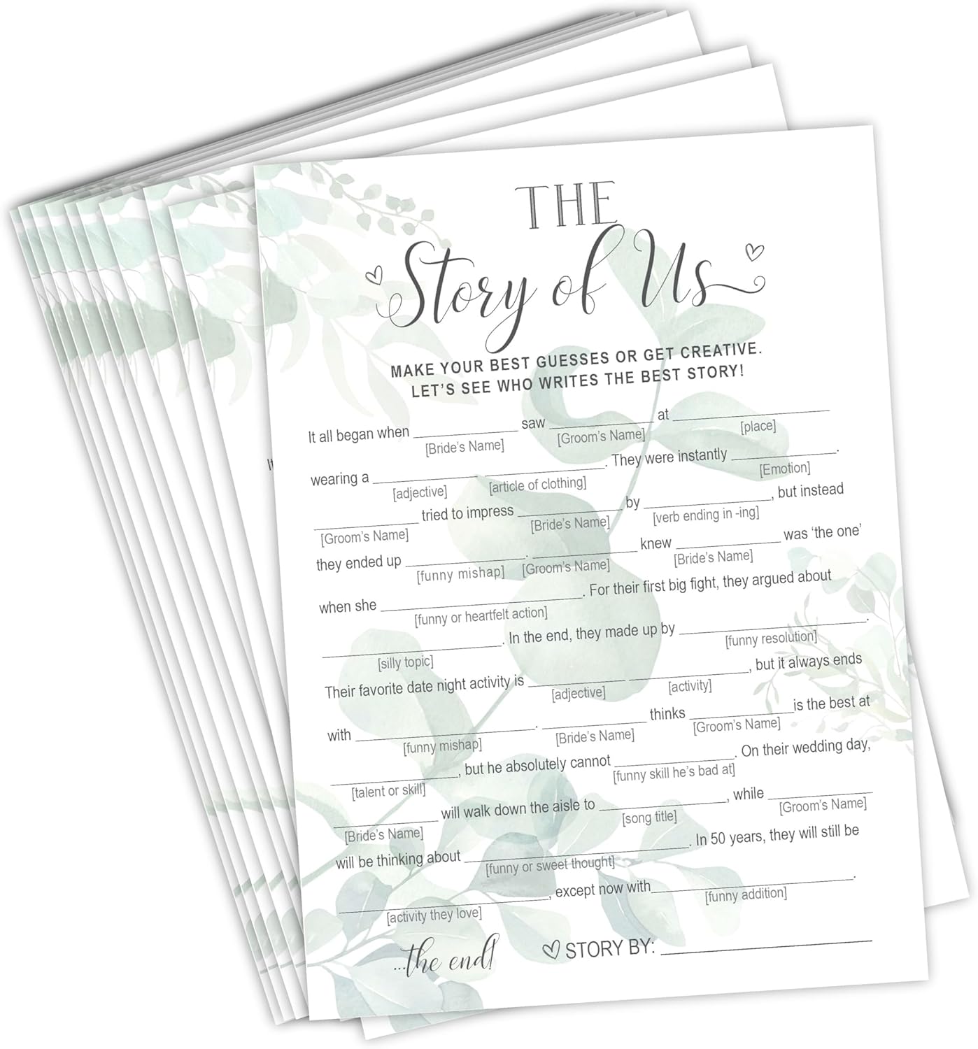 Your Main Event Prints Whimsical Eucalyptus Wedding Bridal Shower Game, Our Love Story Game, 50 Game Cards Each
