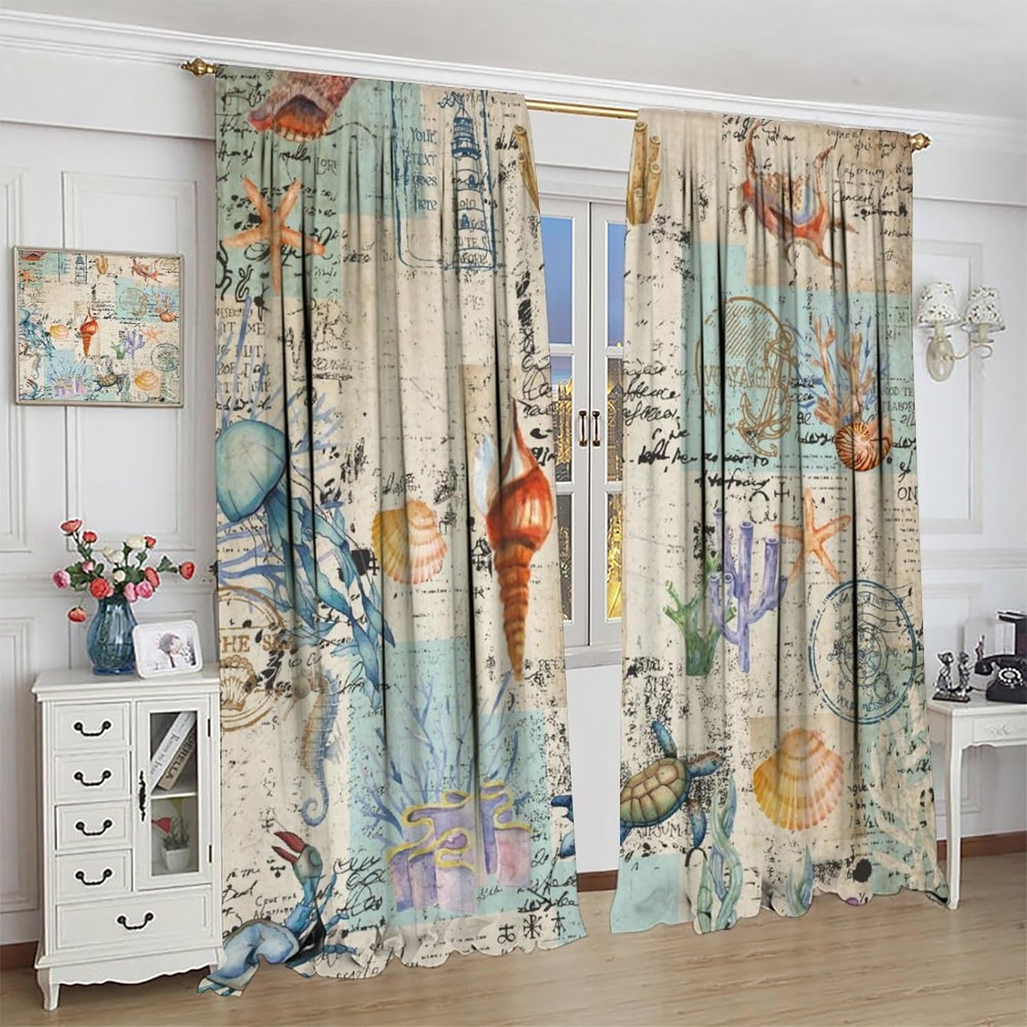 Nautical Coastal Blackout Curtain Starfish Seashell Sea Turtles Coral Beach Themed Window Drapes for Bedroom Living Room Kitchen Cafe （W21xL45 Inch） x2 Panels