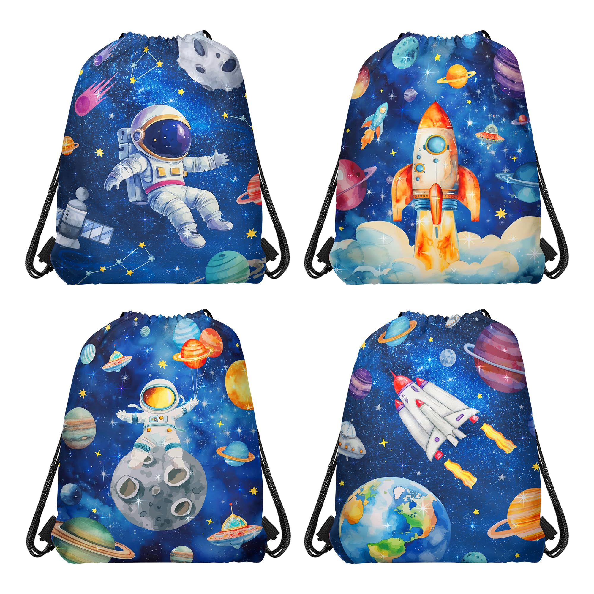 CC HOME 12Pcs Astronaut Drawstring Bags, Planet Space Exploring Gift Candy Treat Bags, Starry Theme Party Favor Bags for Baby Shower Kids Girls Boys Birthday Party Decorations 10.6 x 13.4 inch