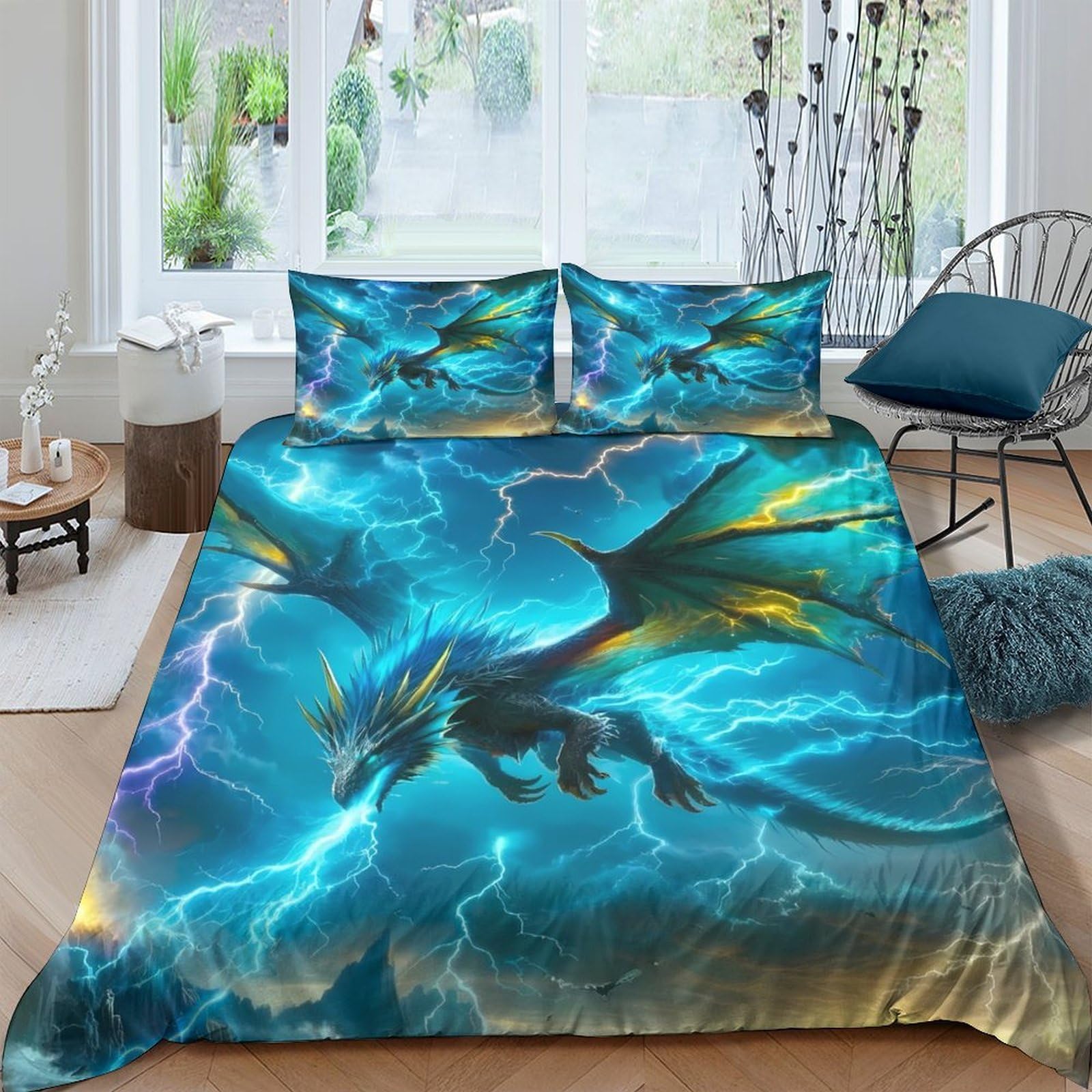 GPLZQXKJNH 3D Printed Blue Lightning Dragon Duvet Cover Microfiber Soft Breathable Bedding Set with 2 Pillowcases for Bedroom Decor Single（135x200cm）
