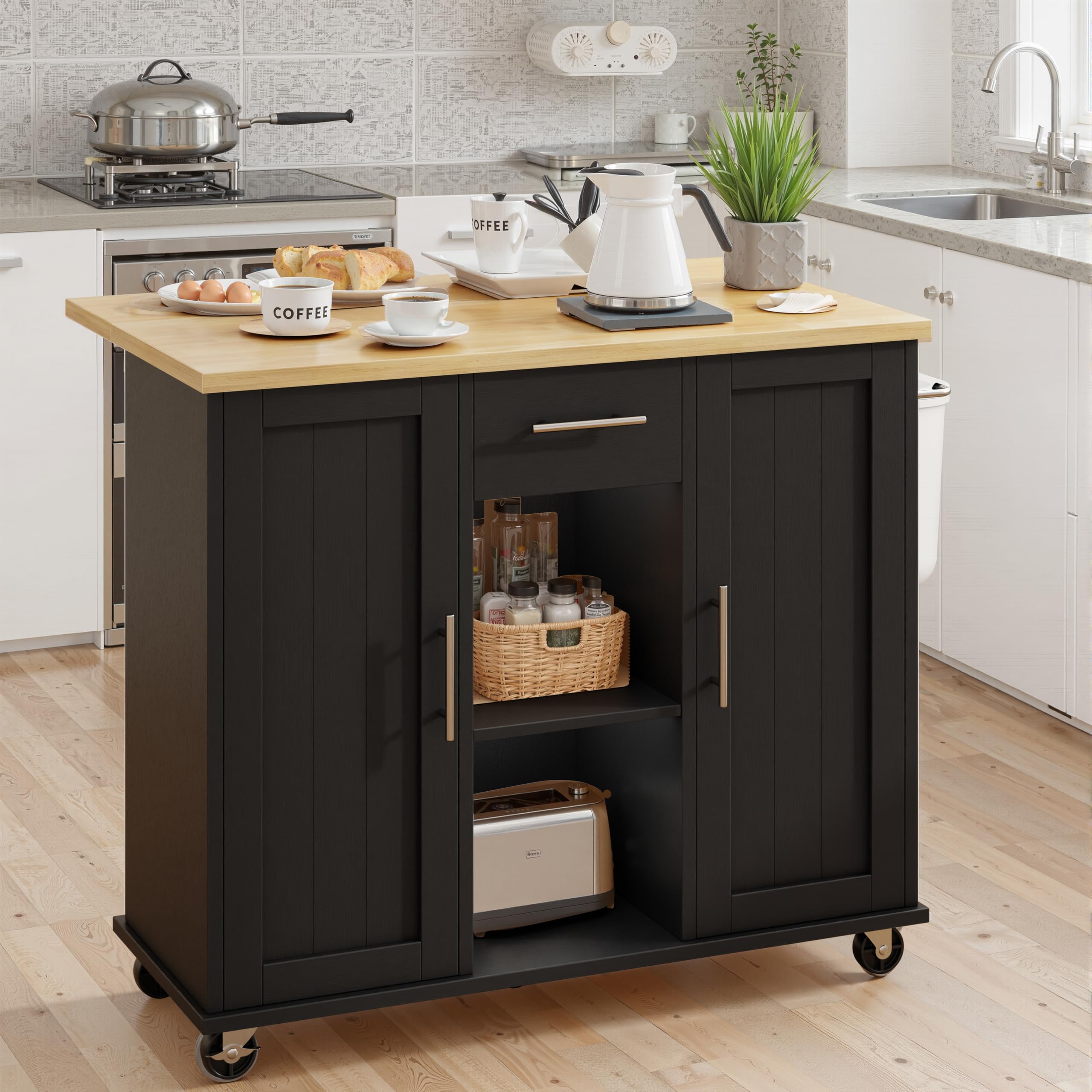 SUNLEI Rolling Kitchen Island Cart with Wheels, Island Table for Kitchen, Farmhouse Kitchen Cart with Drop Leaf & Towel Rack & Drawer, Kitchen Islands Table with Storage Cabinet, Black