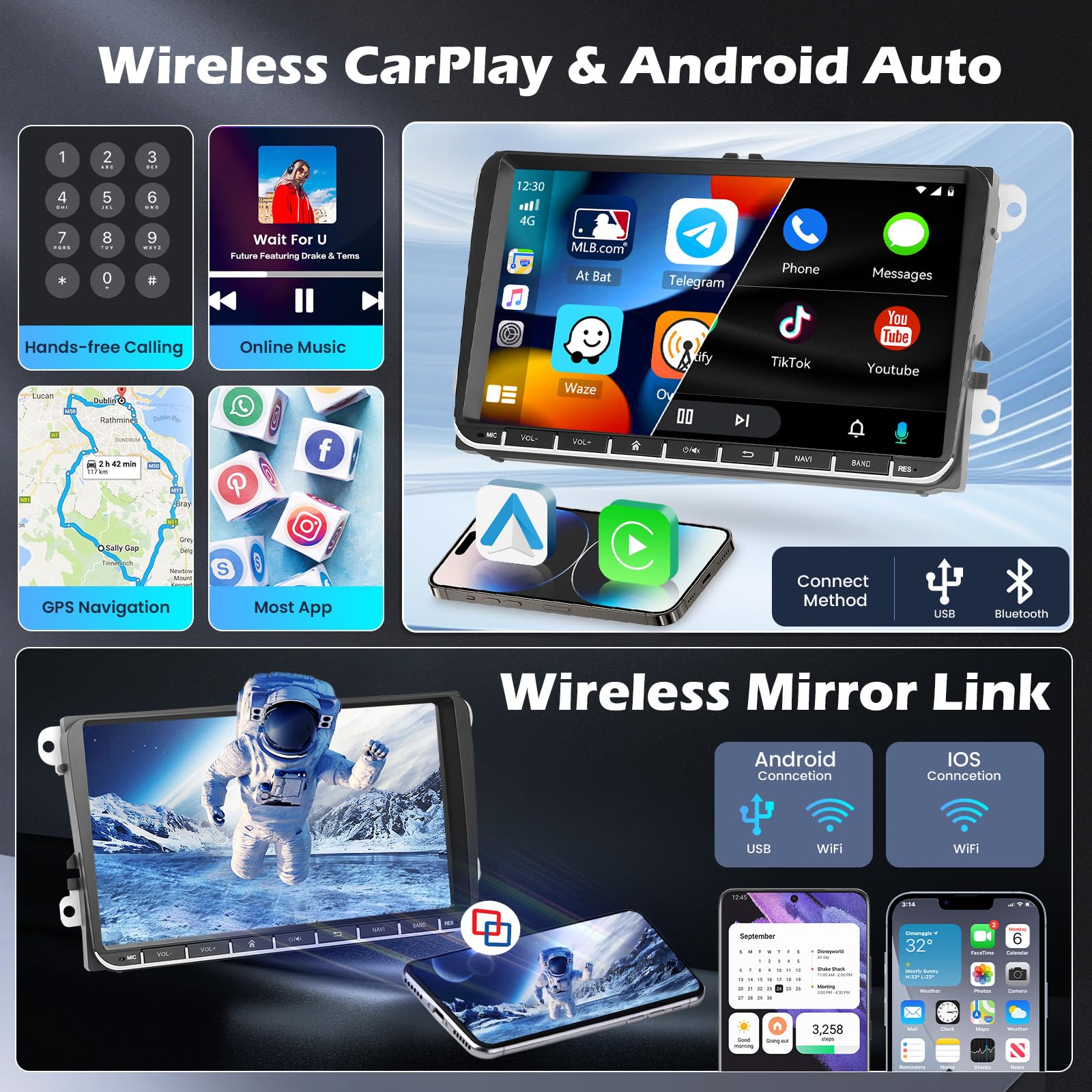4+64G Android 15 Radio Coche para VW Golf 6 Seat Leon Passat Tiguan Polo Golf 5 Jetta Sharan T5 con Carplay Inalámbrico Android Auto Inalámbrico - 9" Pantalla Táctil WiFi FM/RDS GPS BT Cám