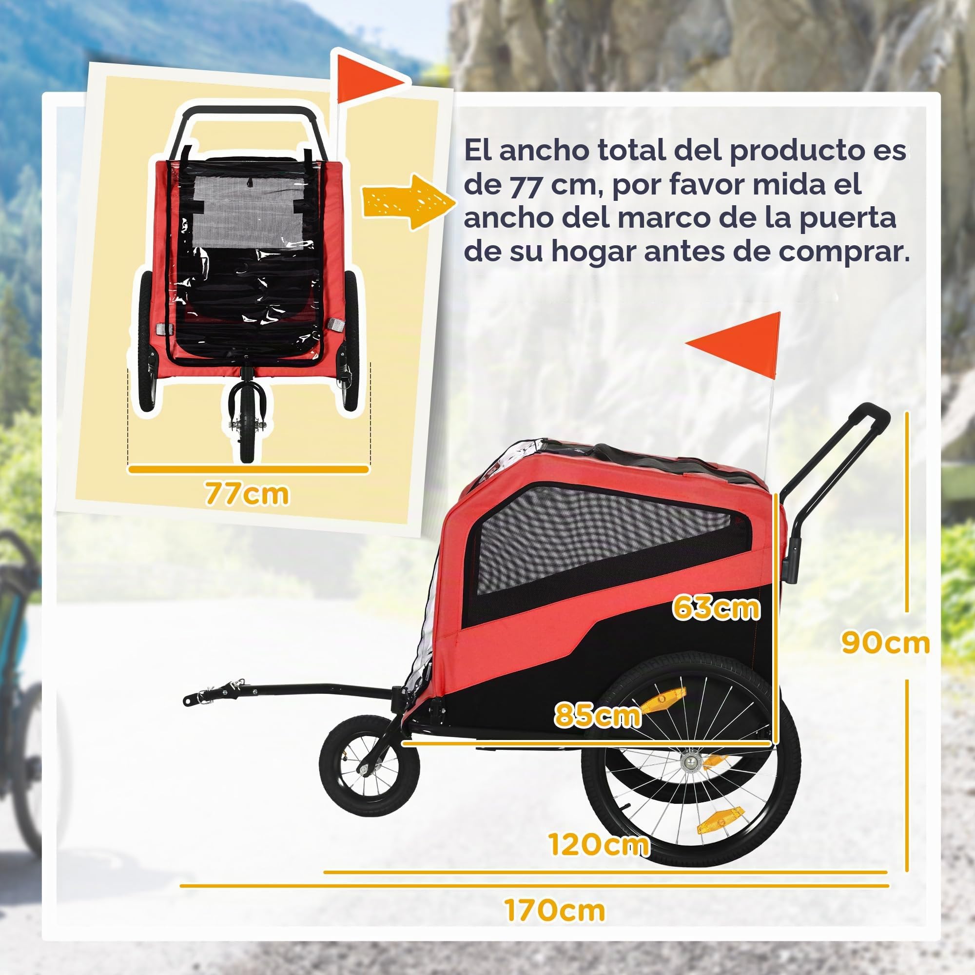 Remolque para perros PawHut 2 en 1, remolque de bicicleta para perros, cochecito para perros con reflectores, silla de paseo para perros máx. 30 kg, remolque de bicicleta para perros grandes, tejido
