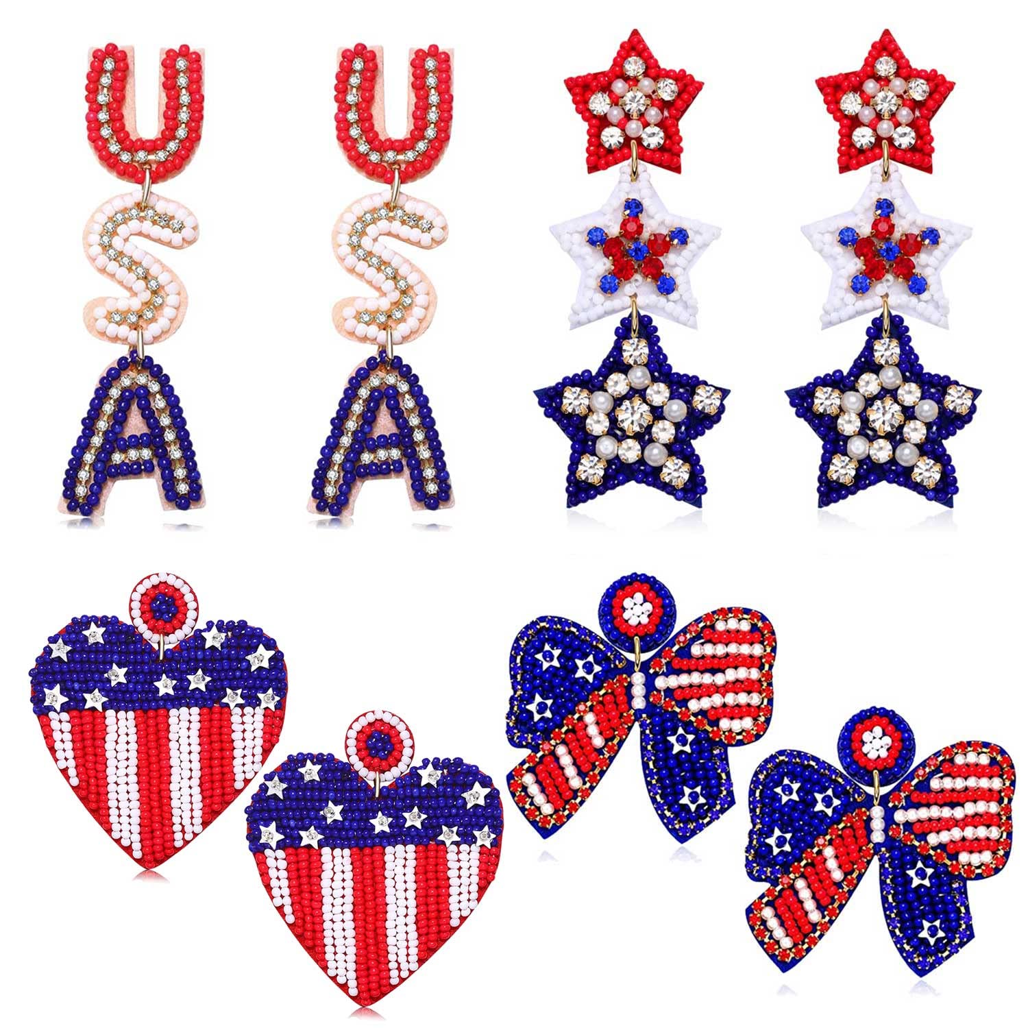 PHALIN4 Pairs 4th of July Earrings American Flag Earrings Patriotic Earrings for Women Handmade Beaded USA Butterfly Star Earrings Layered Tassel Earrings Independence Day Jewelry Gifts