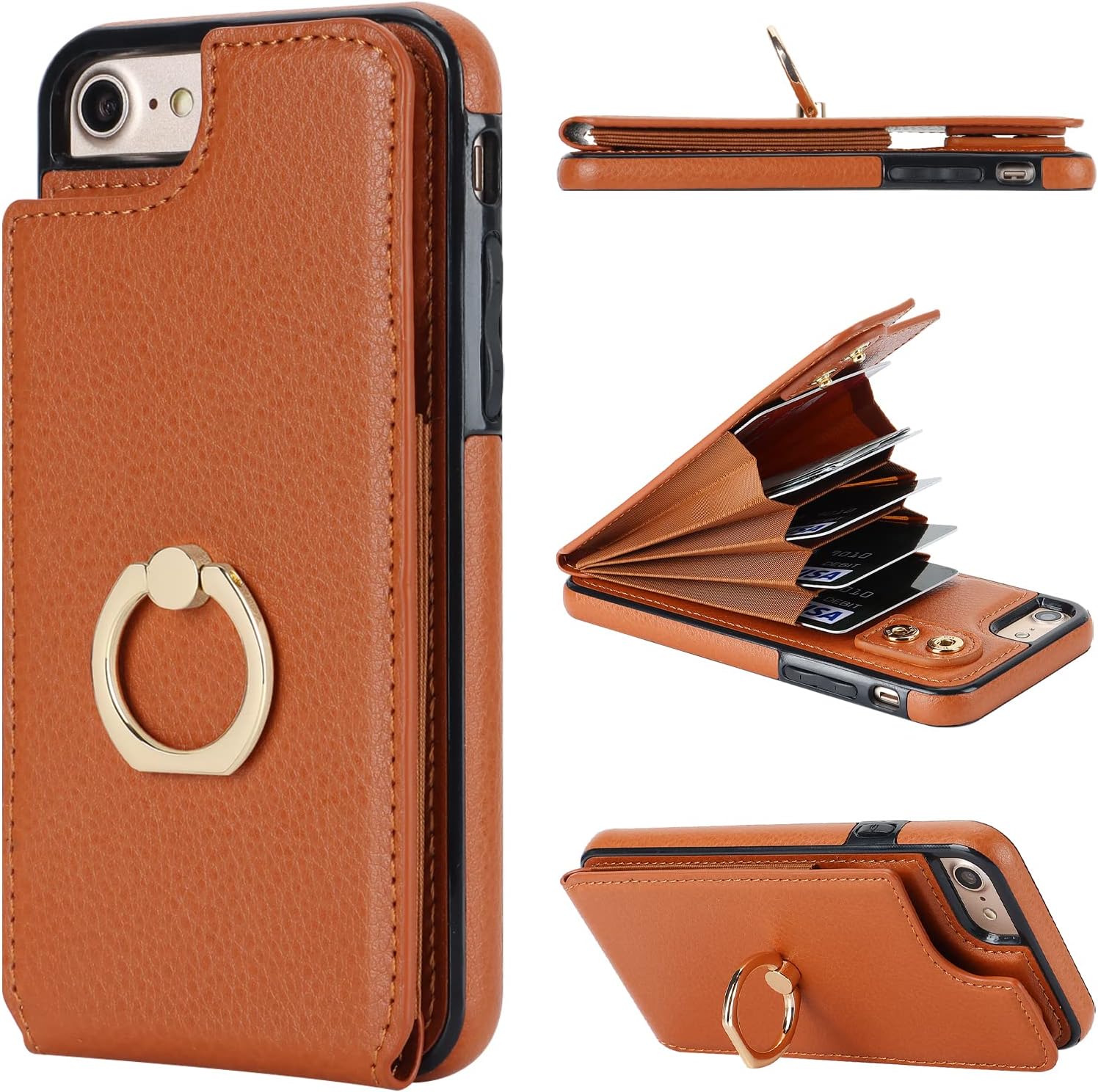 Folosu for iPhone SE(2022) iPhone SE(2020) iPhone 7/8 Wallet Case with Card Holder, 360°Rotation Ring Holder Kickstand Protective RFID Blocking PU Leather Flip Shockproof Cover 4.7 Inch Brown