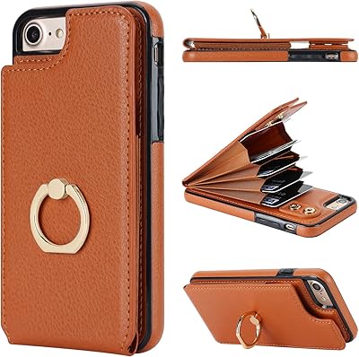 Folosu for iPhone SE(2022) iPhone SE(2020) iPhone 7/8 Wallet Case with Card Holder, 360Â°Rotation Ring Holder Kickstand Protective RFID Blocking PU Leather Flip Shockproof Cover 4.7 Inch Brown