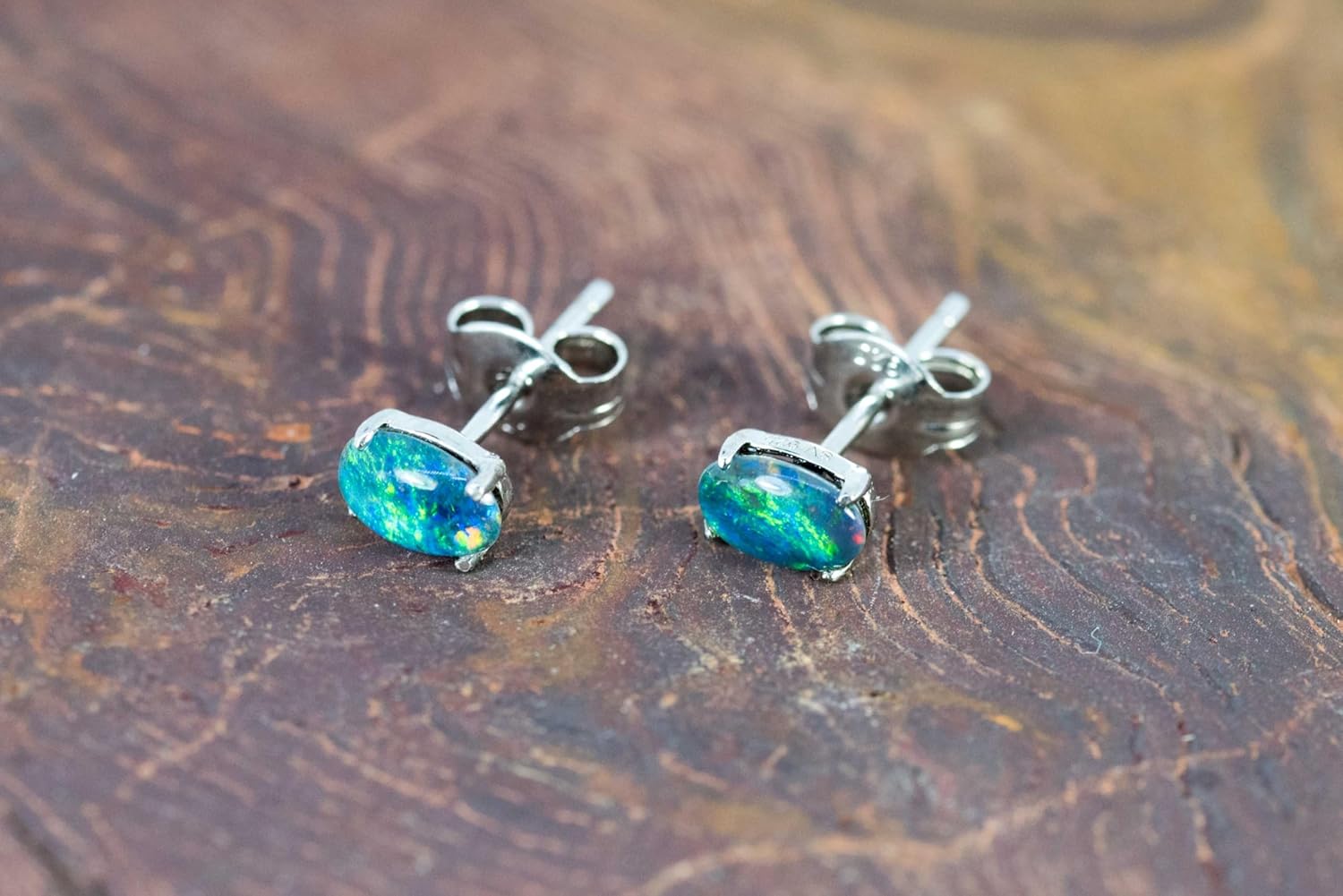 Australian Triplet Opal Earrings - Genuine Triplet Opal Earrings in White Gold Plated on Sterling Silver - Blue Green Simple Design Women's Jewelry