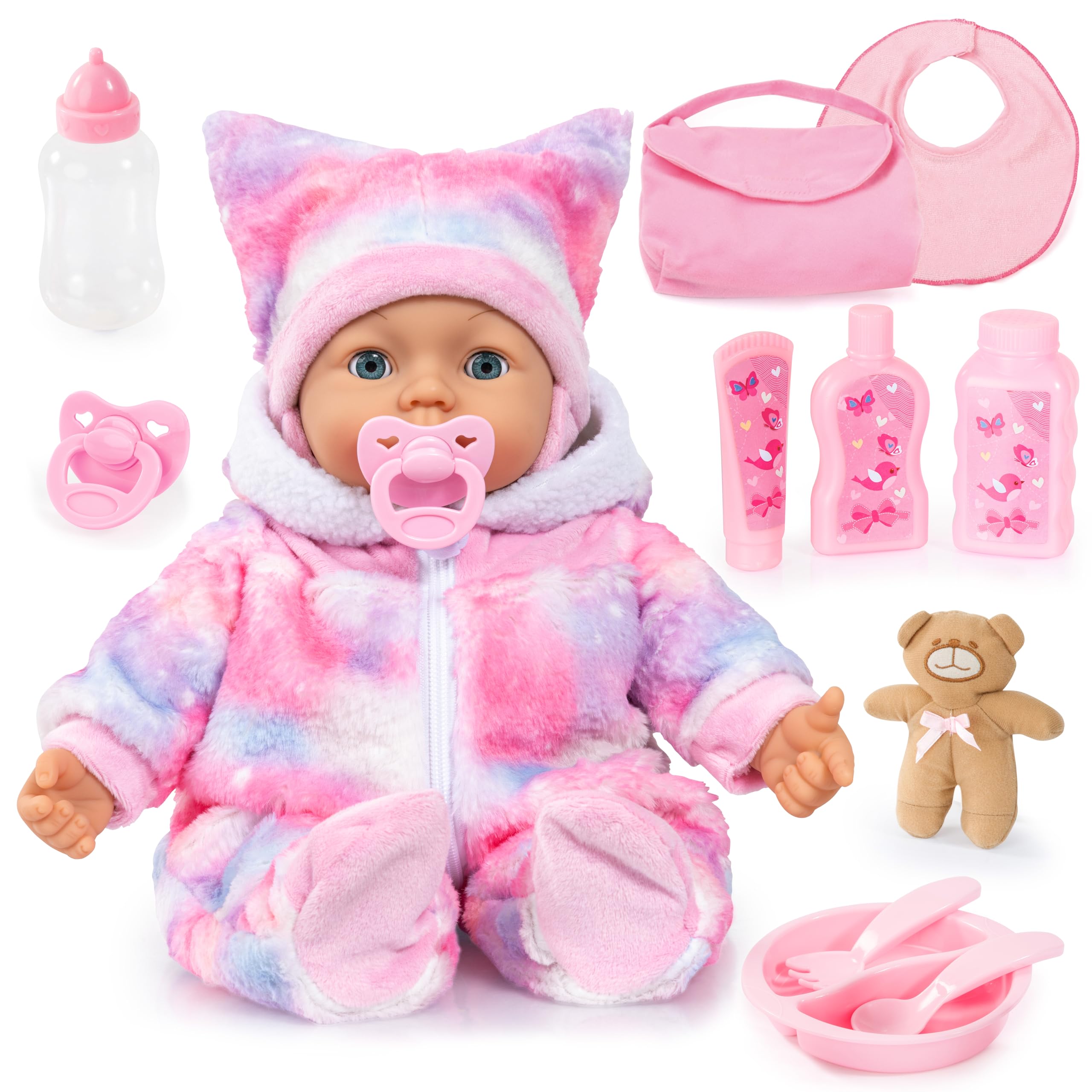 Bayer Design Interaktive Puppe Piccolina Magic Eyes, 46 cm mit Zubehör | Funktionspuppe, bewegt den Mund, blinzelt mit den Augen, sprechend, weicher Körper, Schnuller, Flasche und viel Zubehör