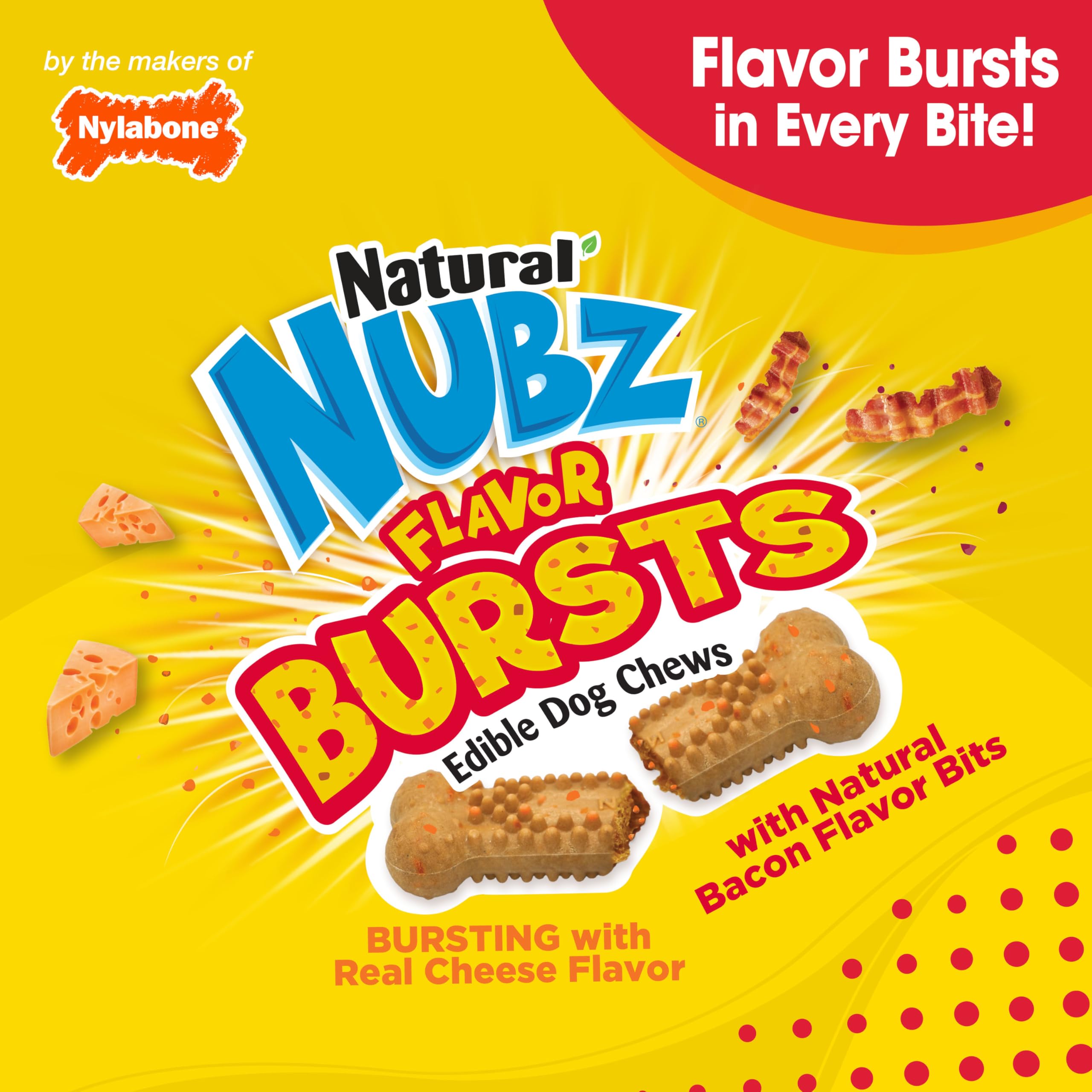 Nylabone Nubz Flavor Bursts Naturalna żucia dla małych psów, długotrwałe kości do żucia, wyprodukowane w USA, smakołyki dla psów bez zbóż, smak bekonu i sera